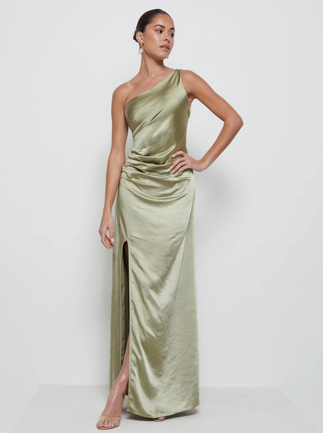 Amelia Ruched Maxi Bridesmaid Dress - Matte Olive - Image 4