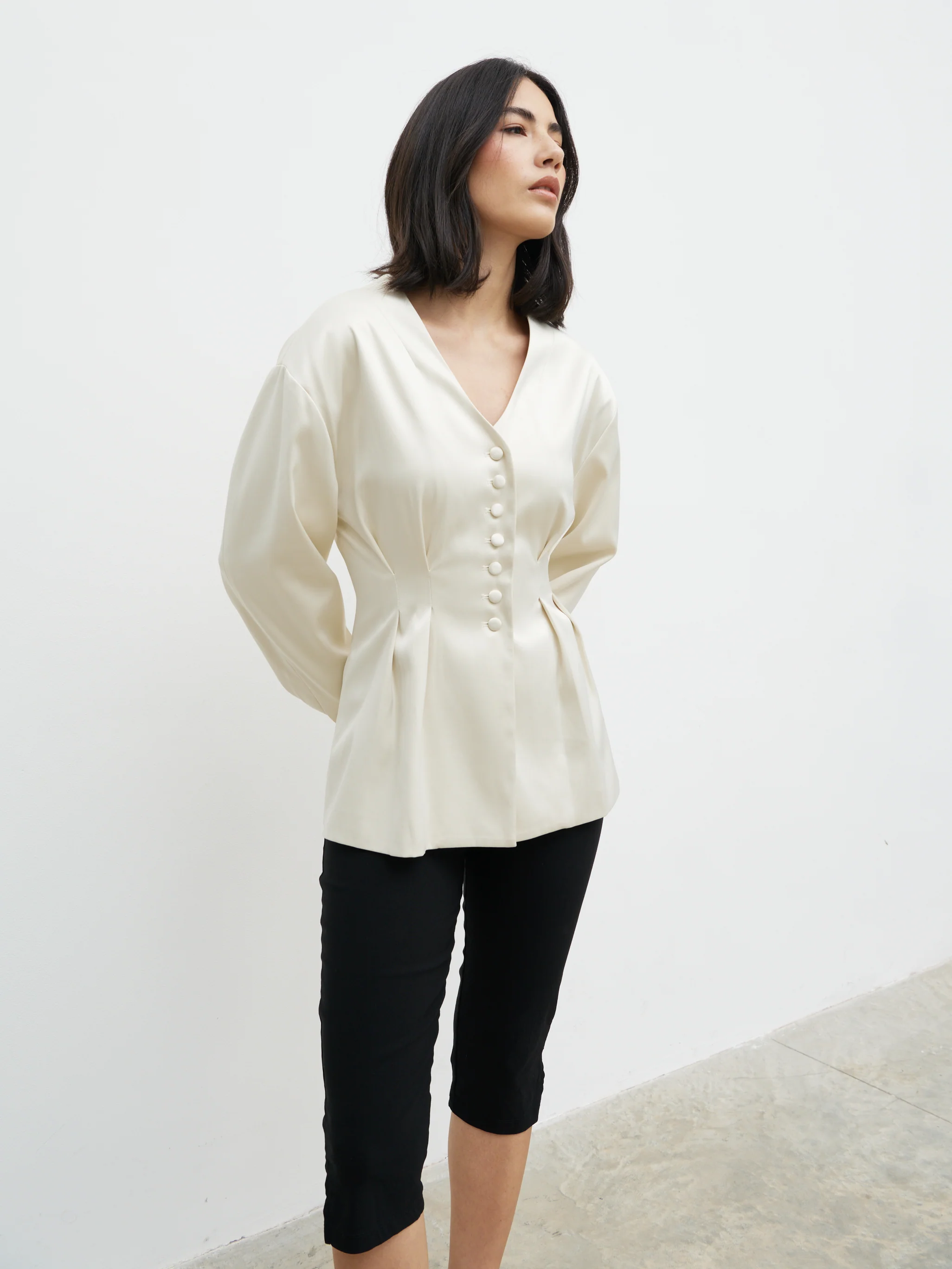 Amora Collarless Bonded Satin Jacket - Oyster - Image 3