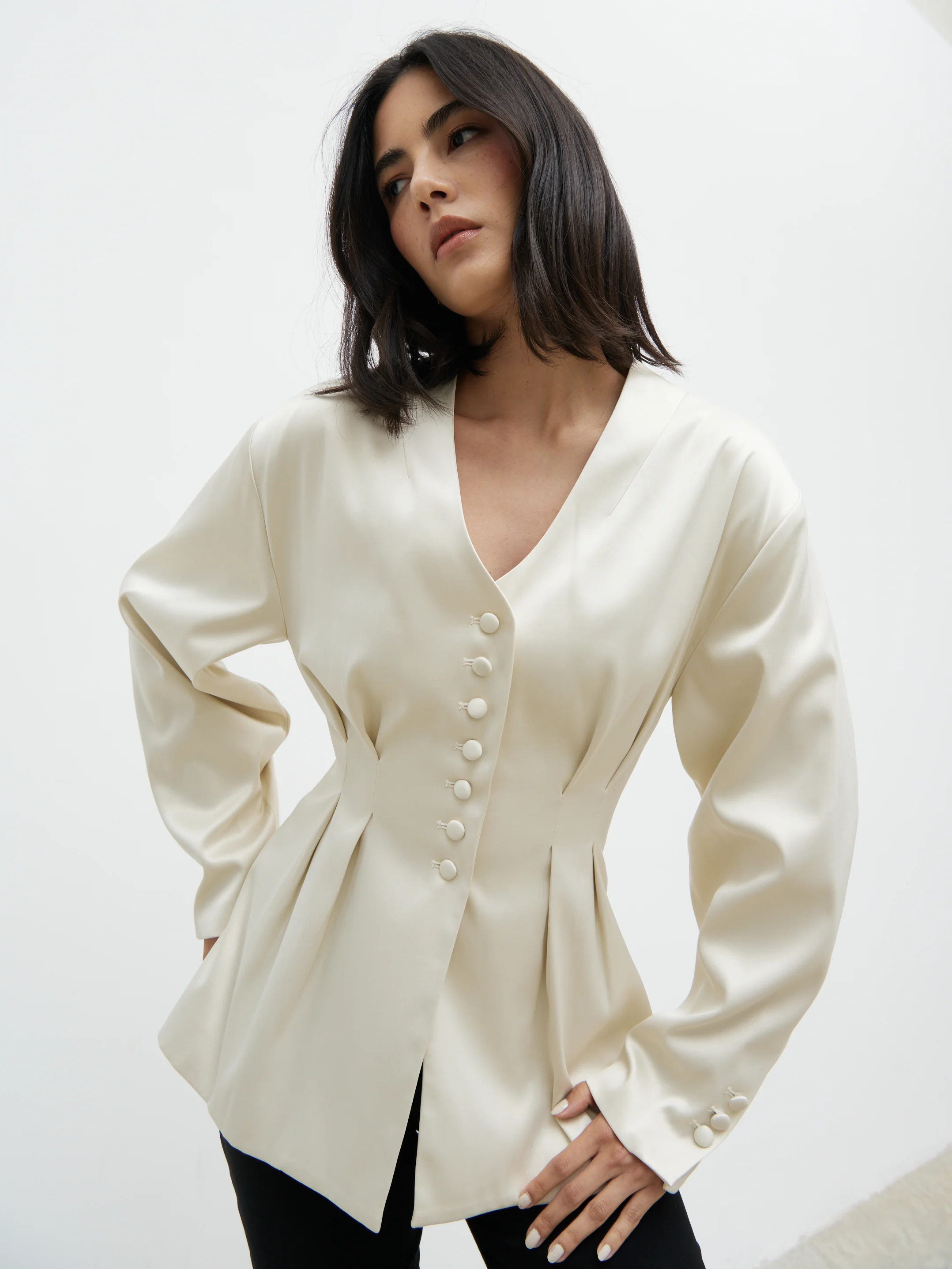 Amora Collarless Bonded Satin Jacket - Oyster - Image 5