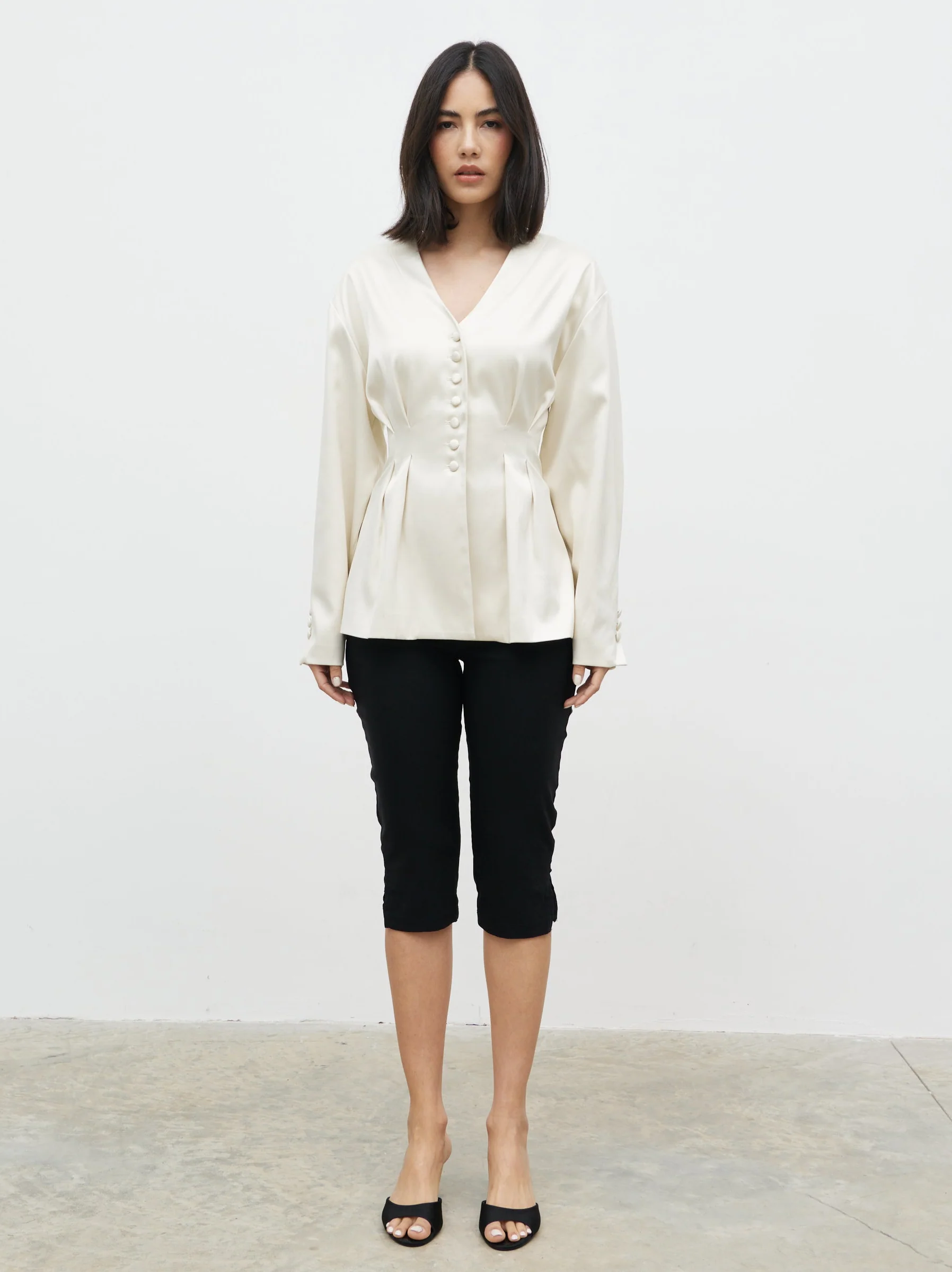 Amora Collarless Bonded Satin Jacket - Oyster - Image 6