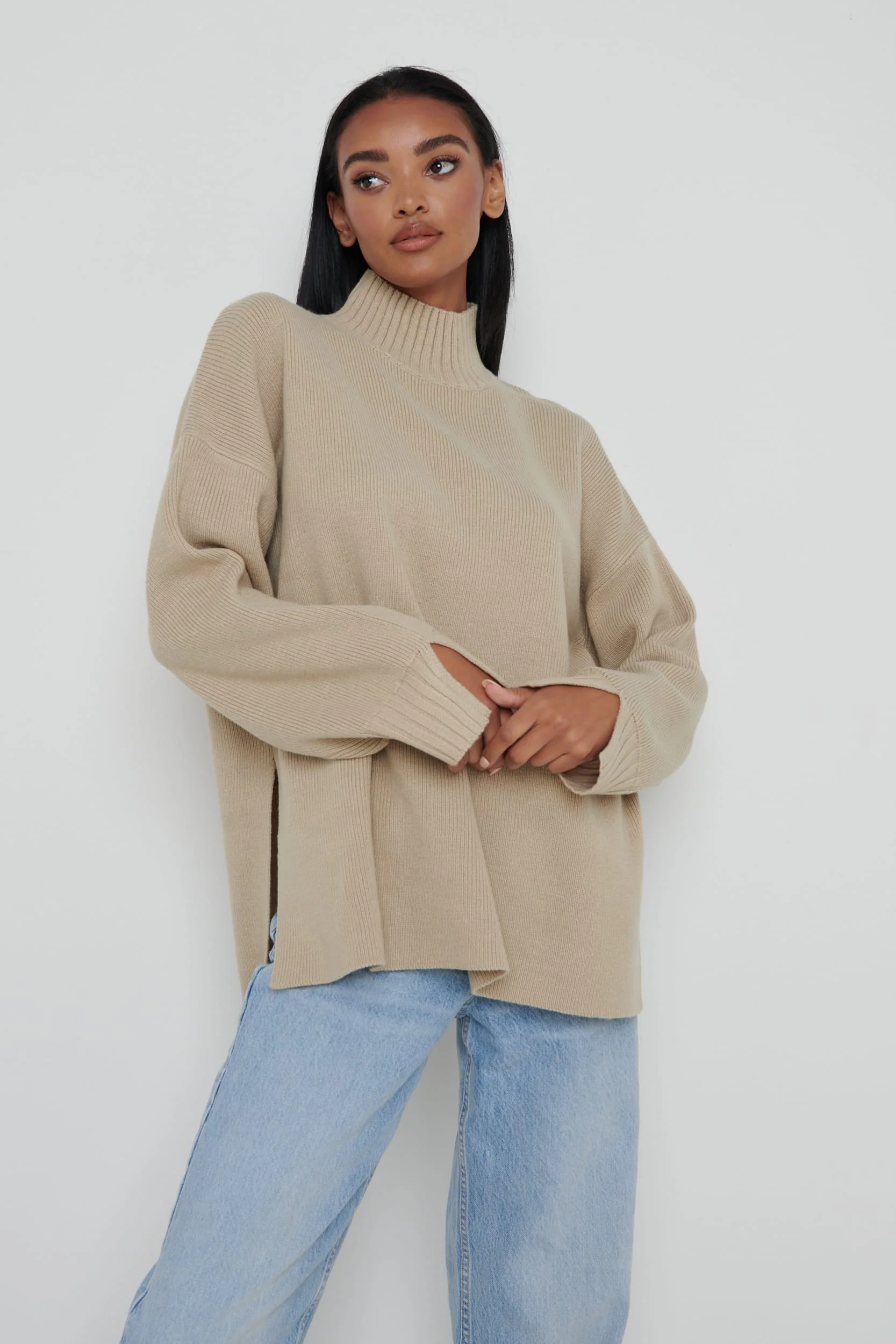 Amory Grown Neck Knit Jumper - Beige - Image 2