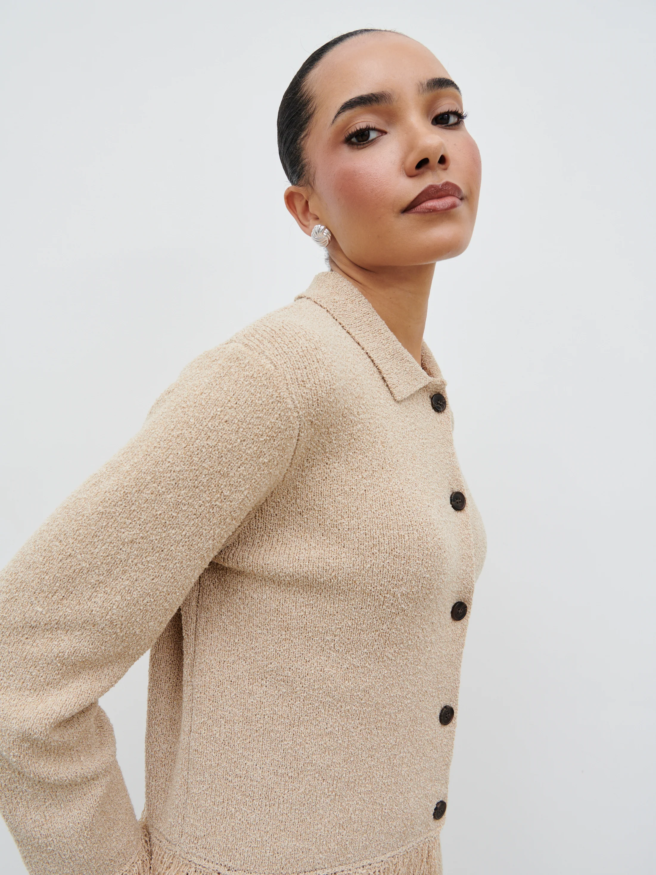 Analeia Fringe Knit Cardigan - Beige - Image 5