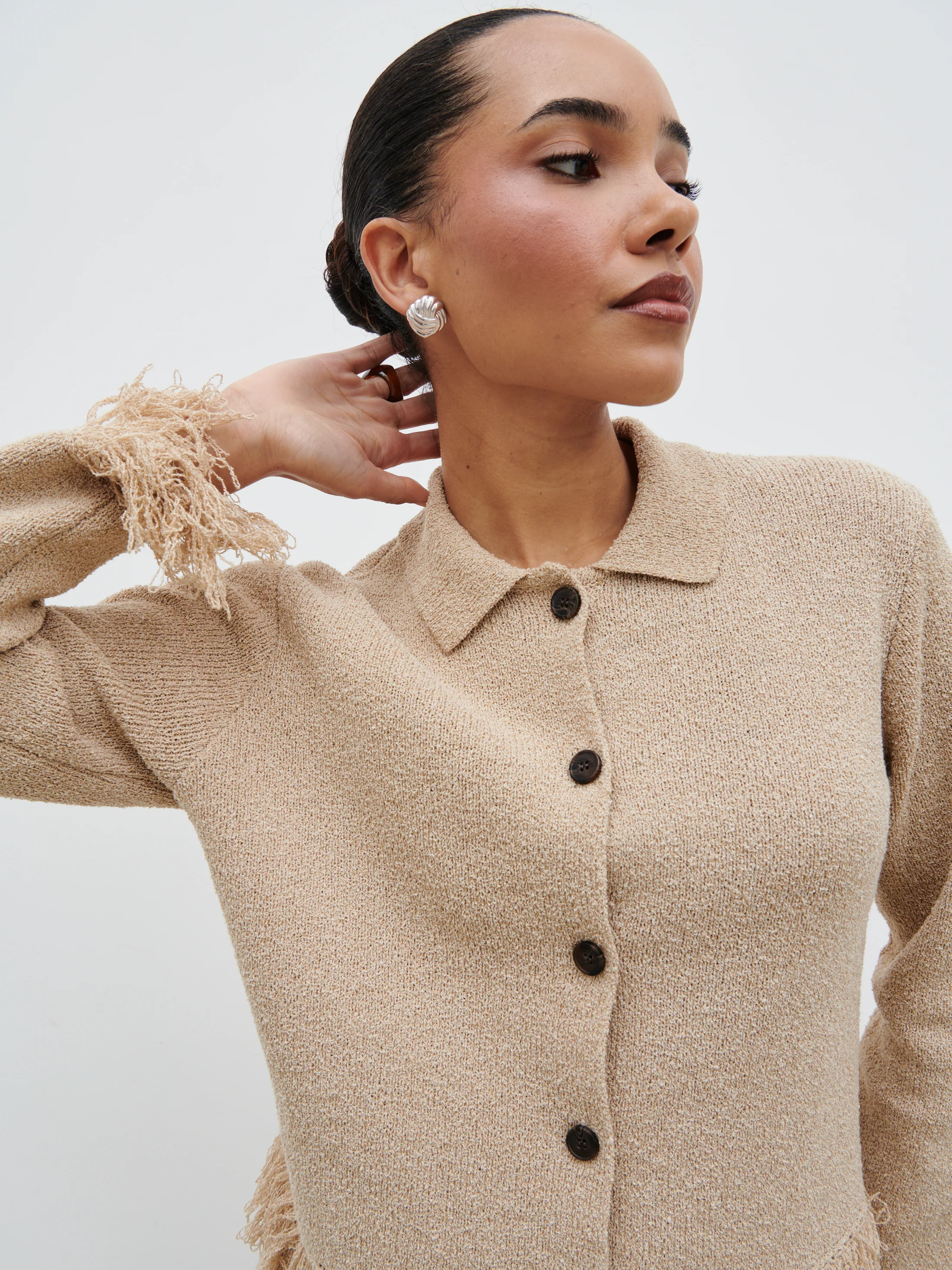 Analeia Fringe Knit Cardigan - Beige - Image 6
