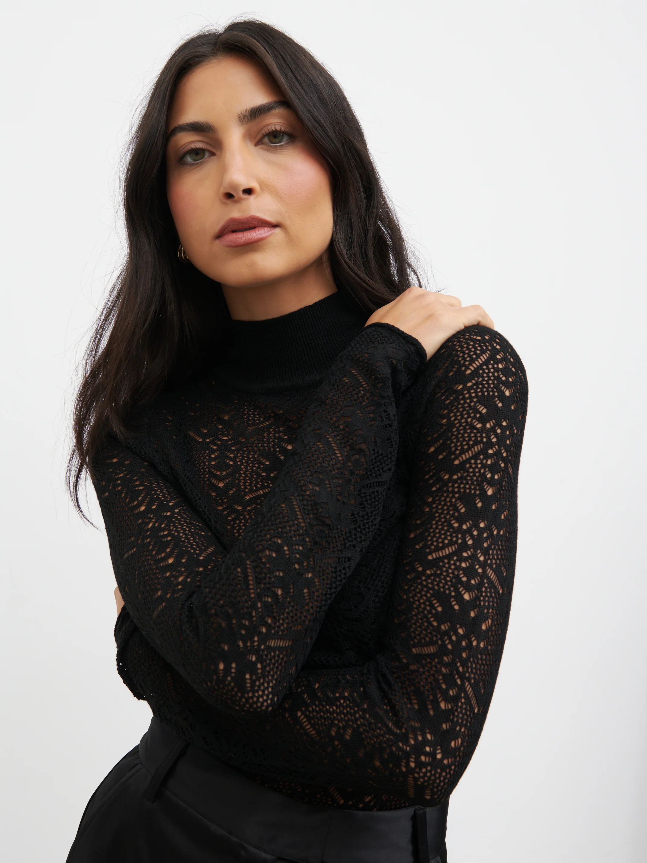Annalise High Neck Patterned Fine Knit Top - Black - Image 2