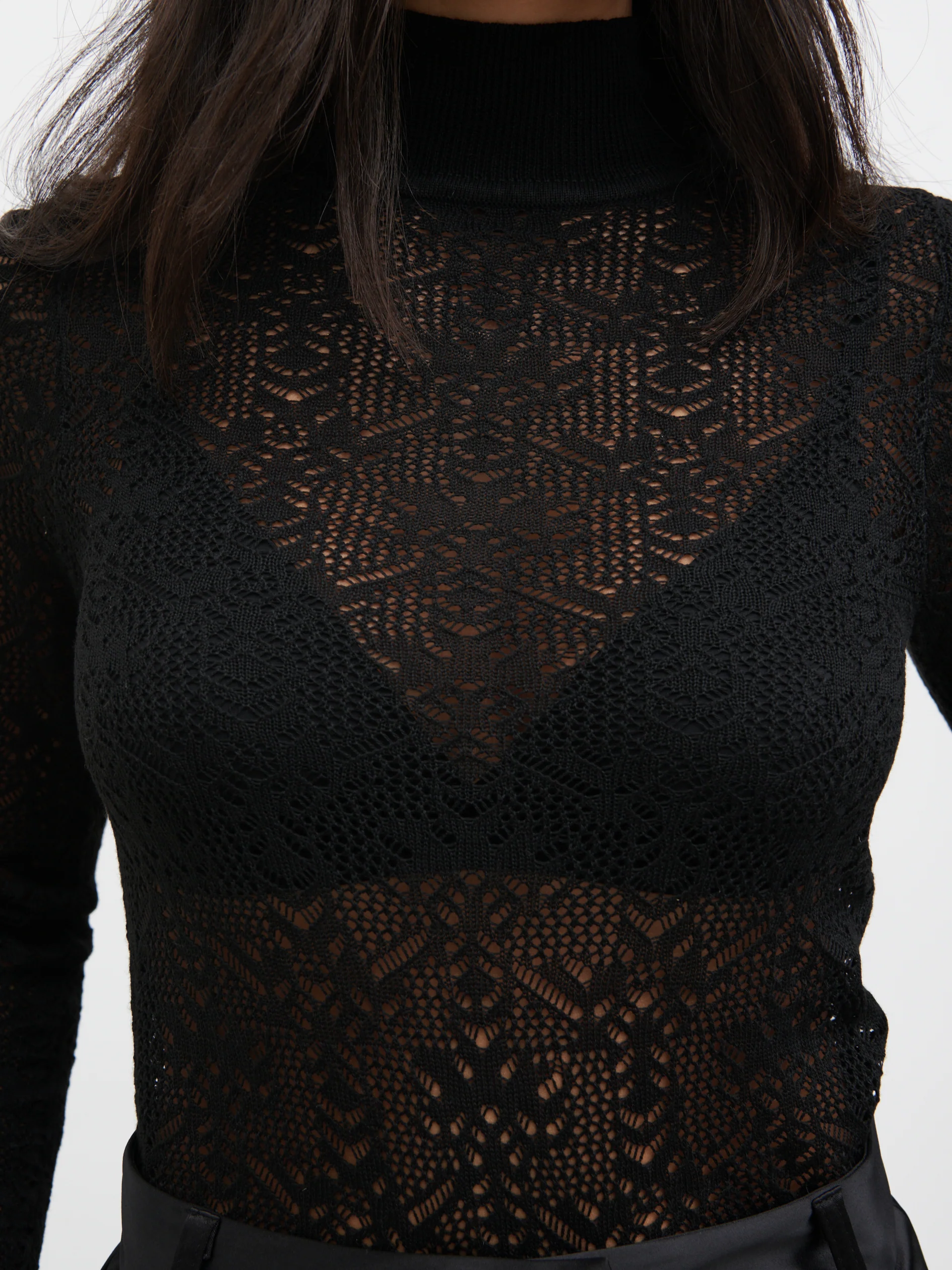 Annalise High Neck Patterned Fine Knit Top - Black - Image 4