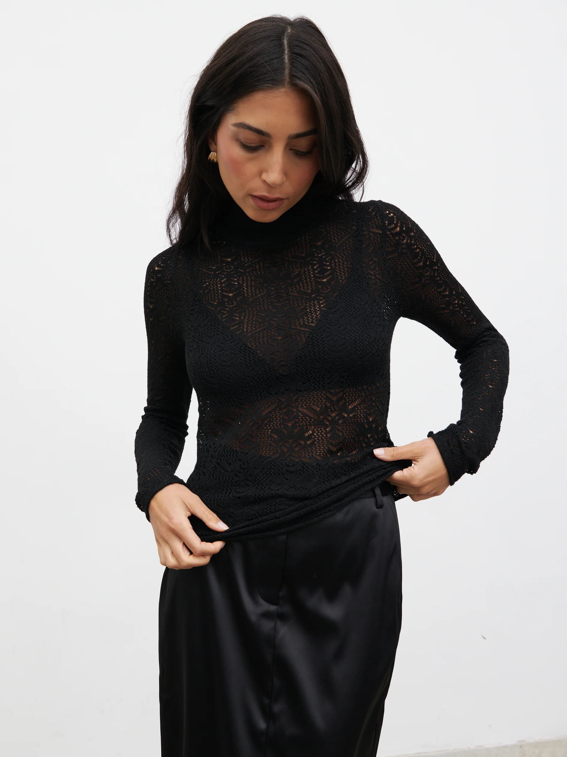 Annalise High Neck Patterned Fine Knit Top - Black - Image 8