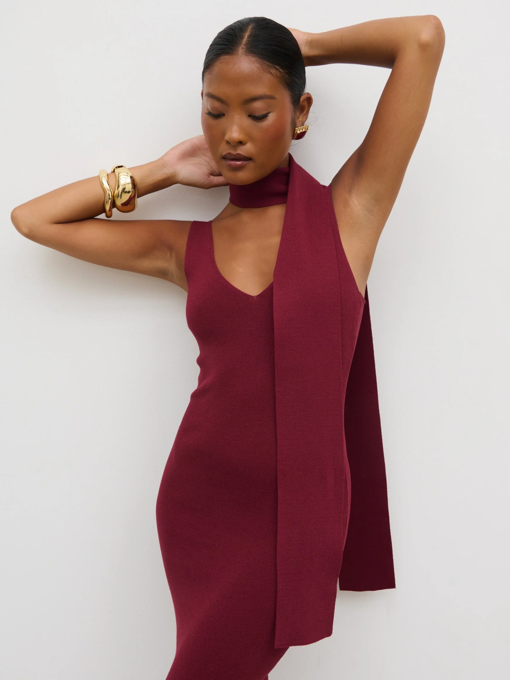Arabella Knit Maxi Dress with Neck Tie - Wine - Image 2