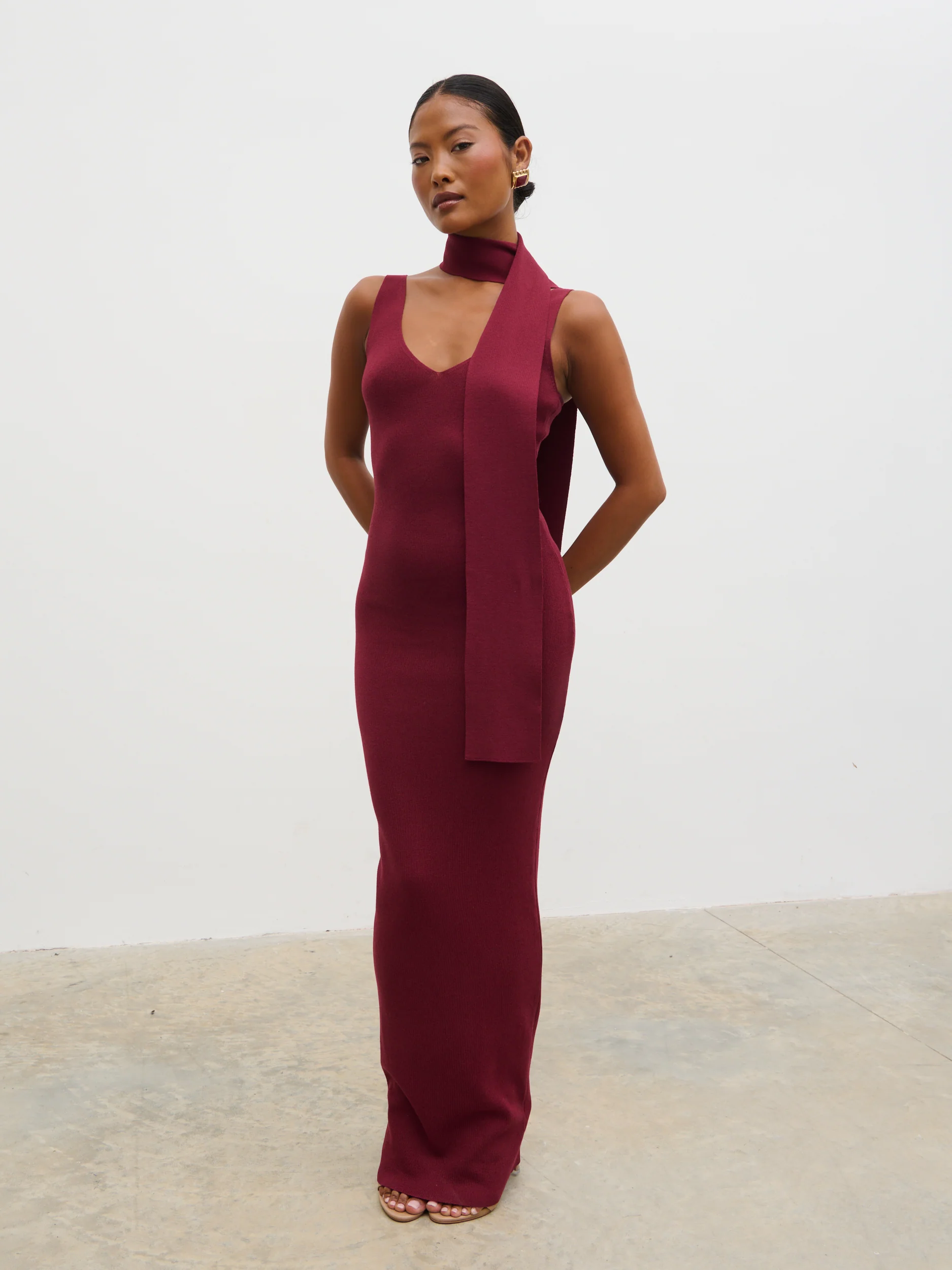 Arabella Knit Maxi Dress with Neck Tie - Wine - Image 3