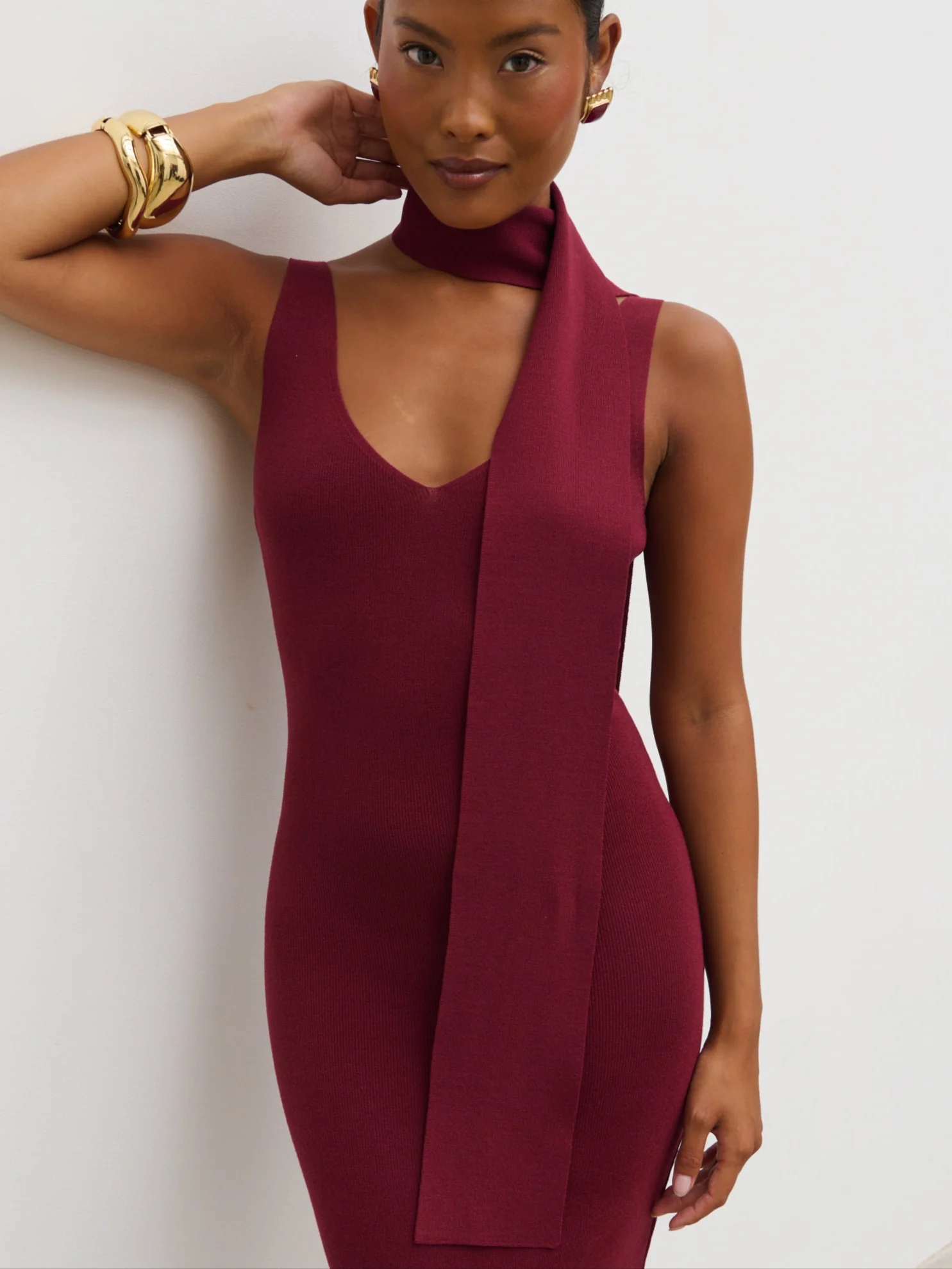 Arabella Knit Maxi Dress with Neck Tie - Wine - Image 4