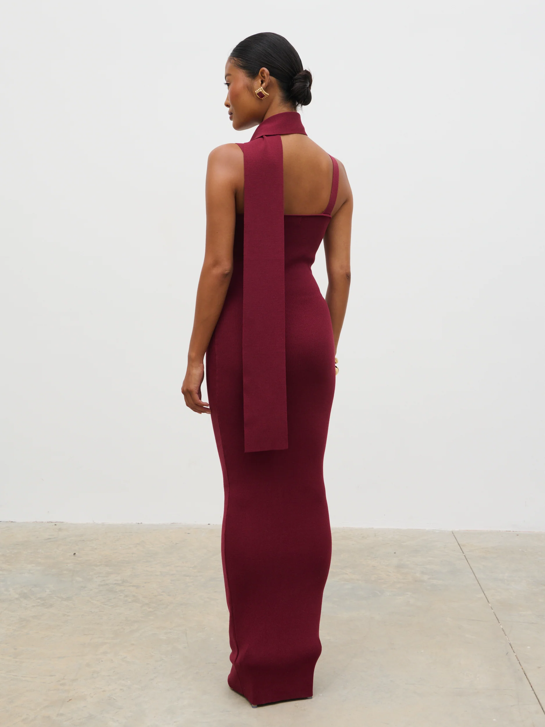 Arabella Knit Maxi Dress with Neck Tie - Wine - Image 5