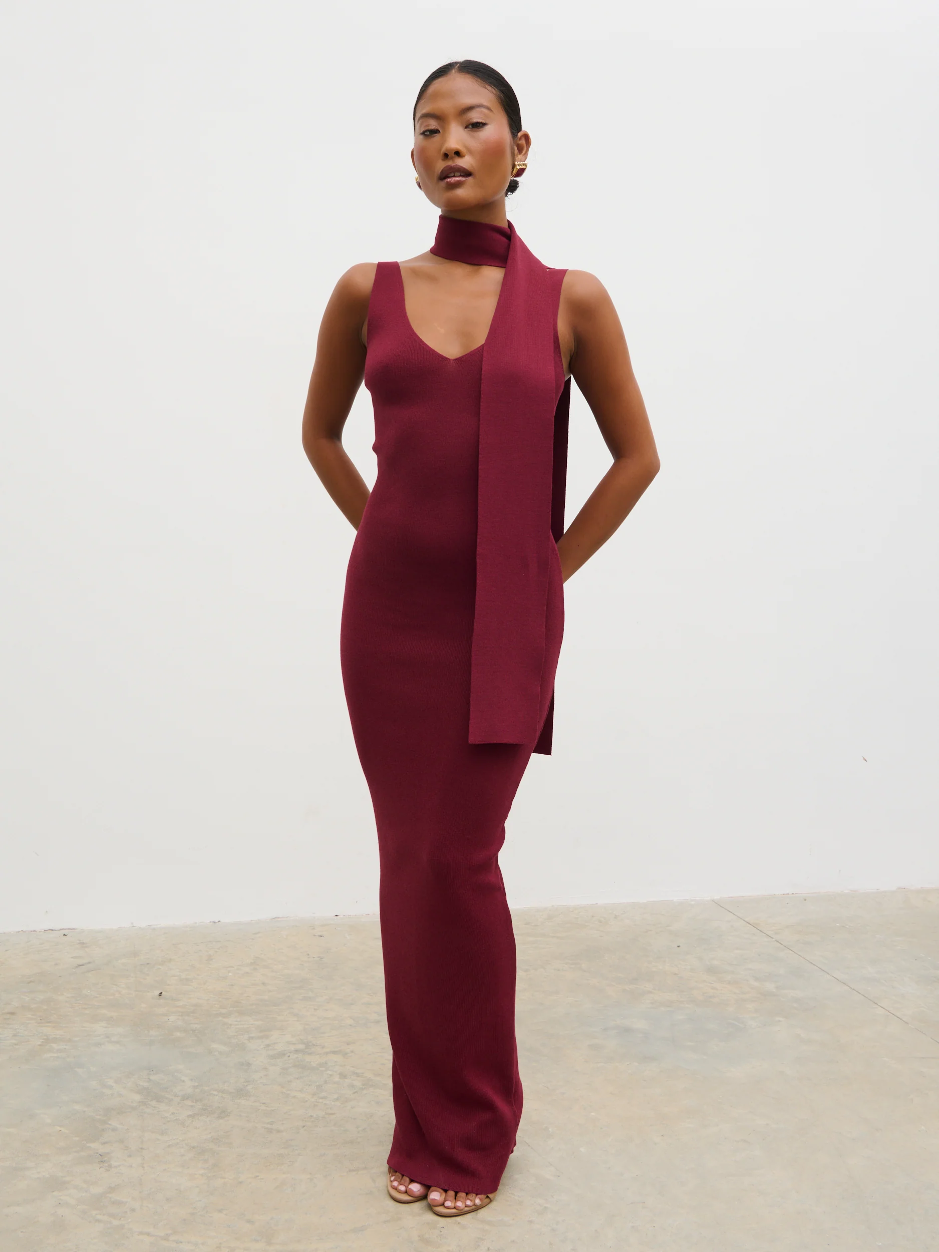 Arabella Knit Maxi Dress with Neck Tie - Wine - Image 6