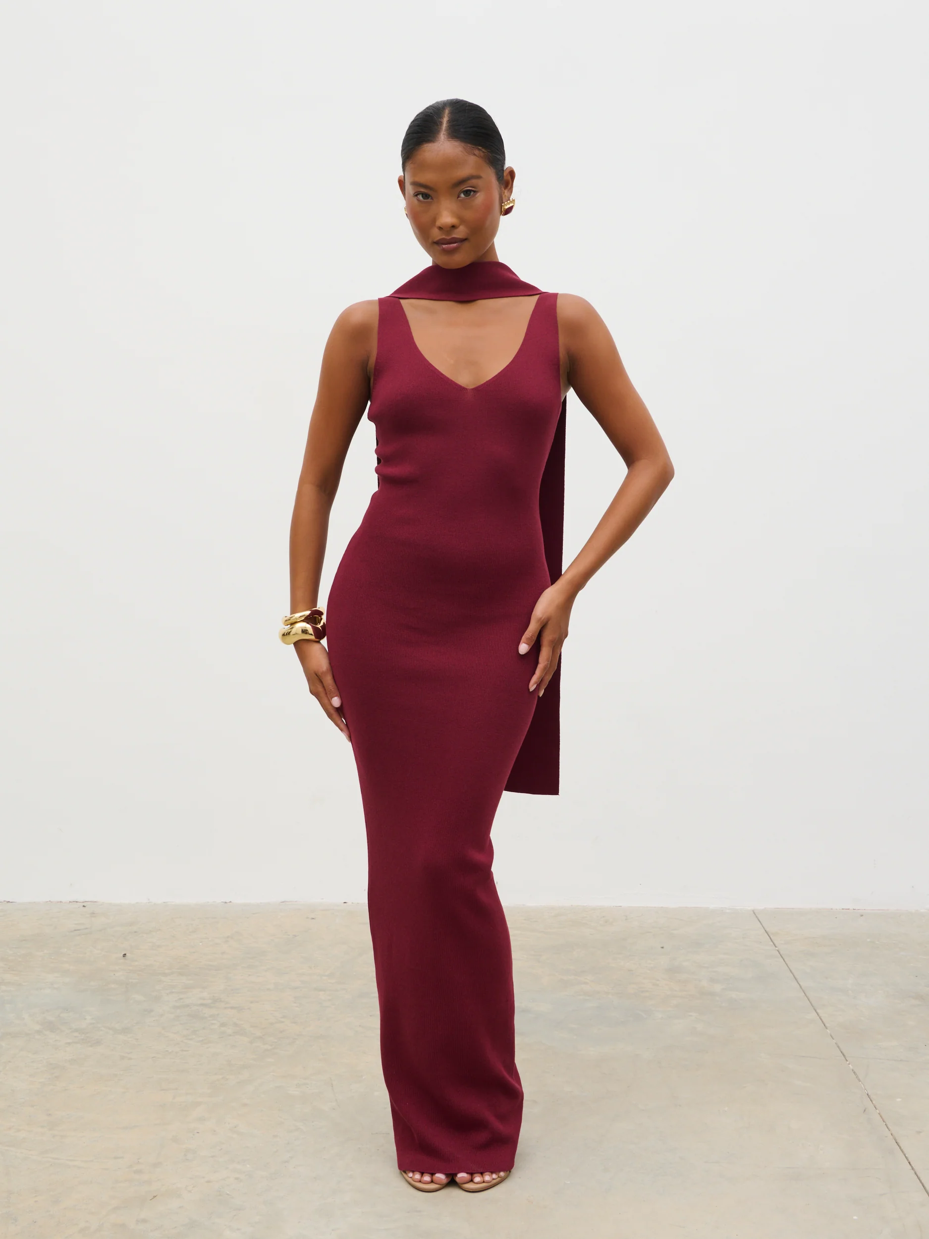 Arabella Knit Maxi Dress with Neck Tie - Wine - Image 7