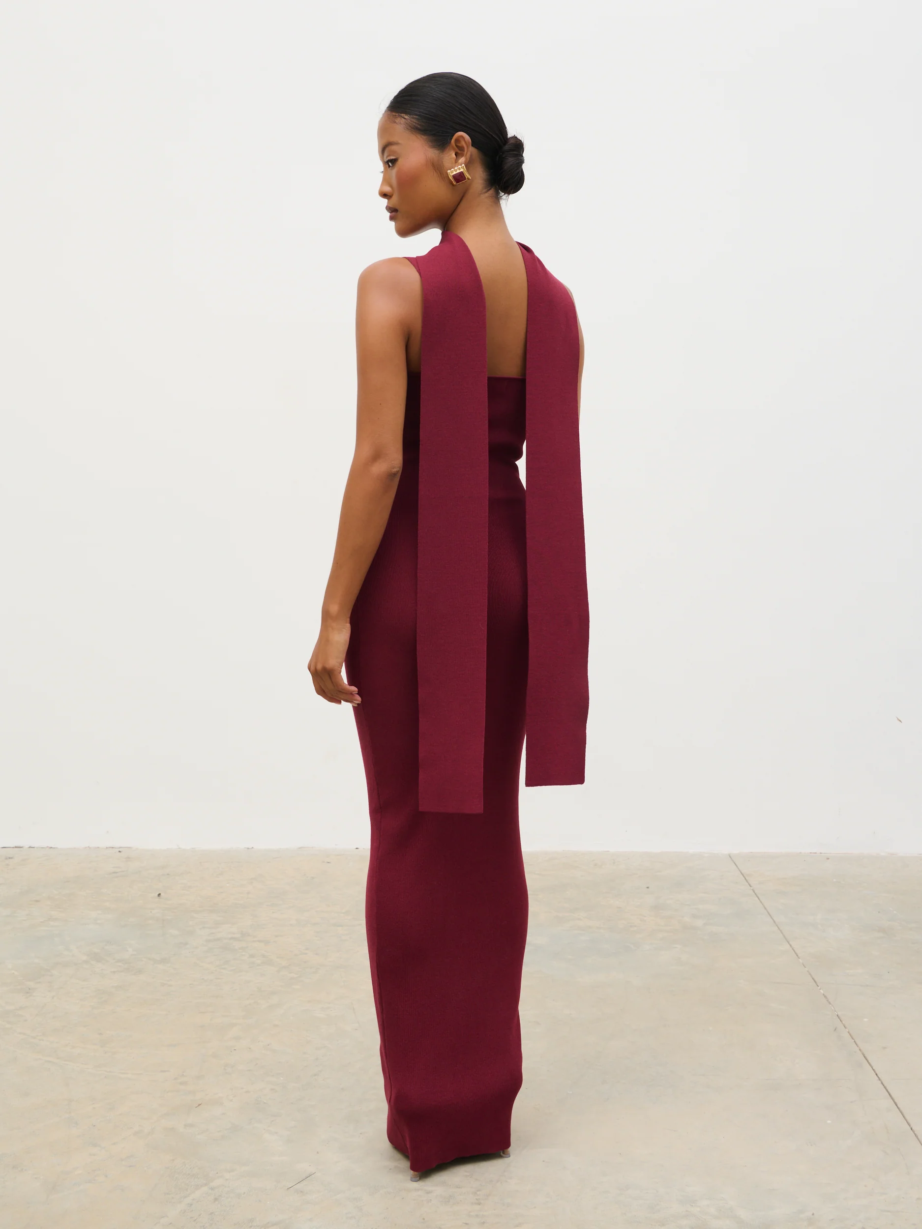 Arabella Knit Maxi Dress with Neck Tie - Wine - Image 8