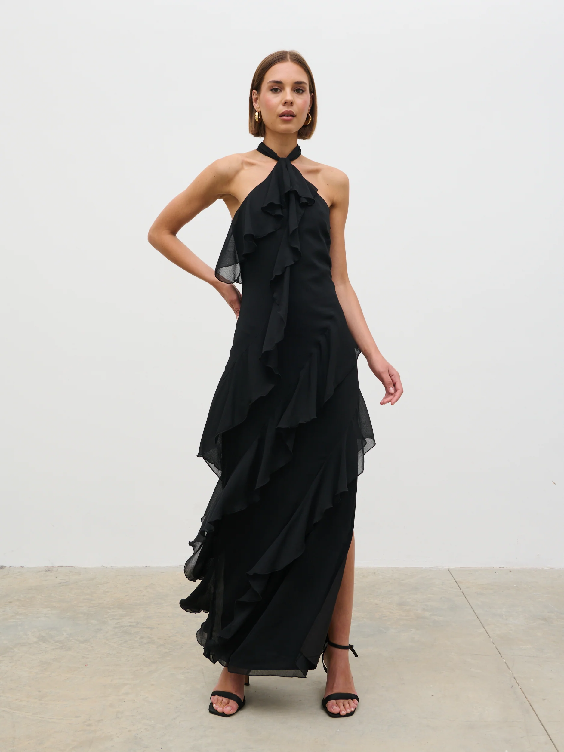 Aria Halter Neck Ruffle Maxi Dress - Black - Image 5