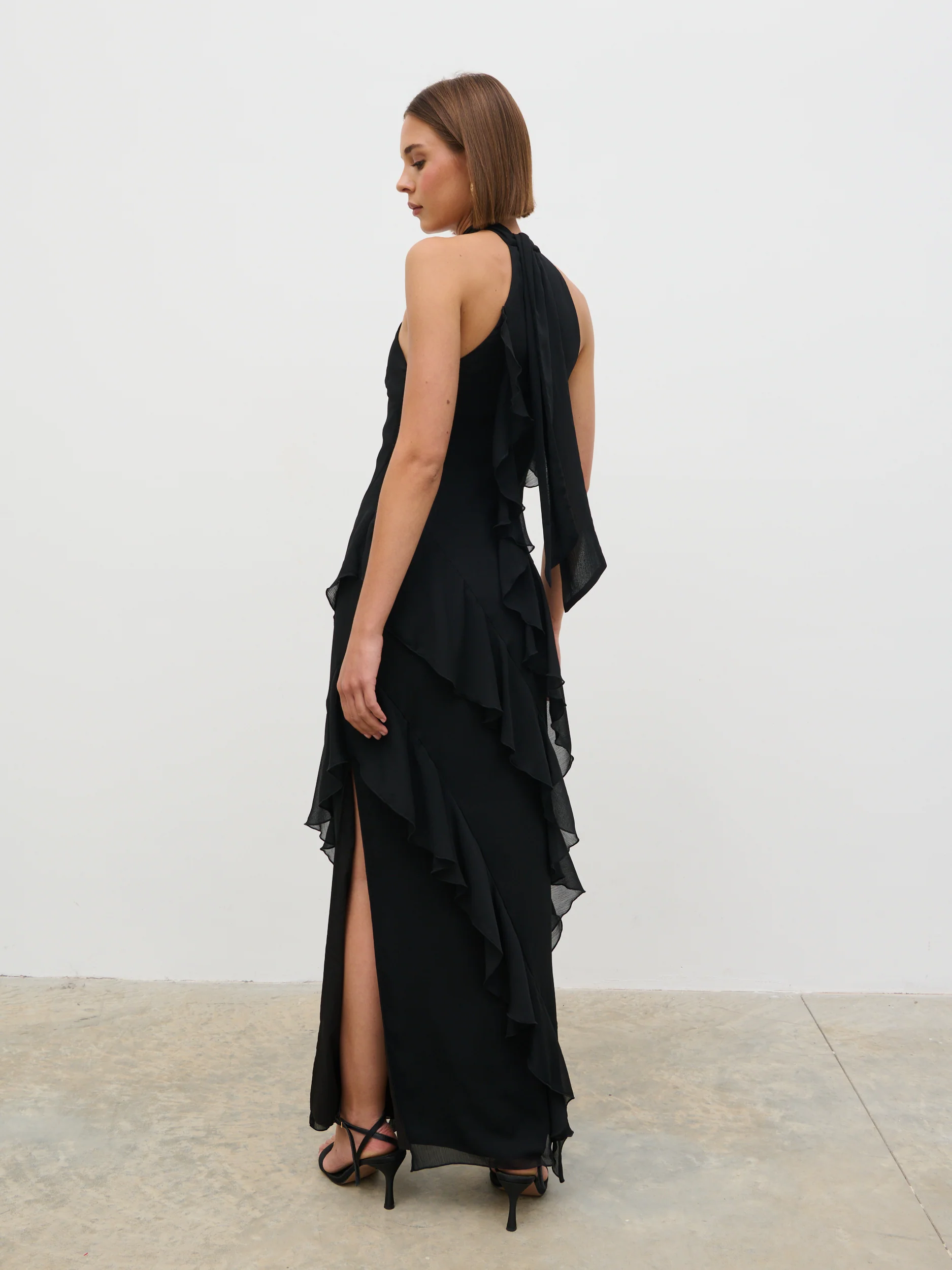Aria Halter Neck Ruffle Maxi Dress - Black - Image 8