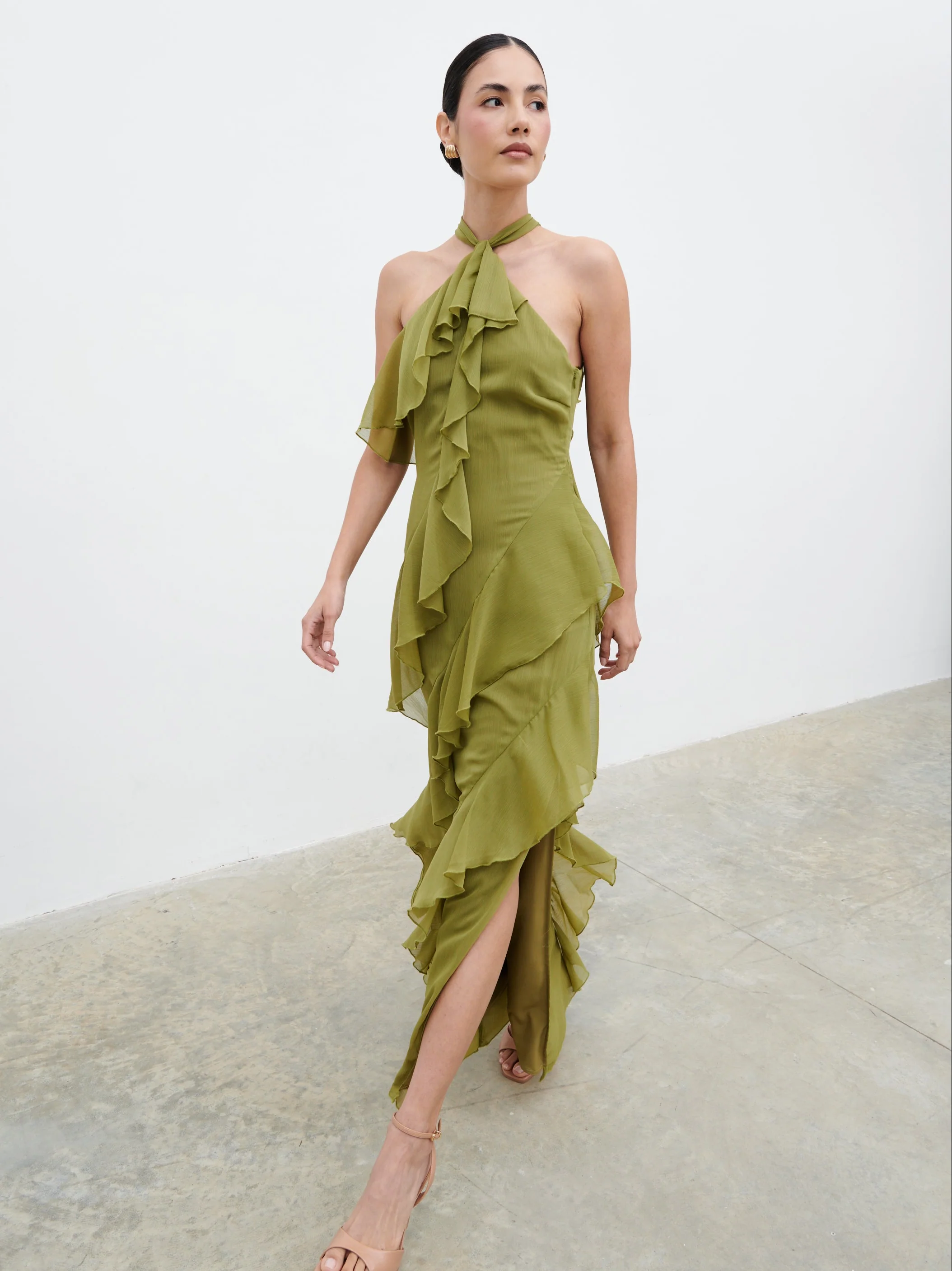 Aria Halterneck Ruffle Maxi Dress - Dark Olive - Image 3