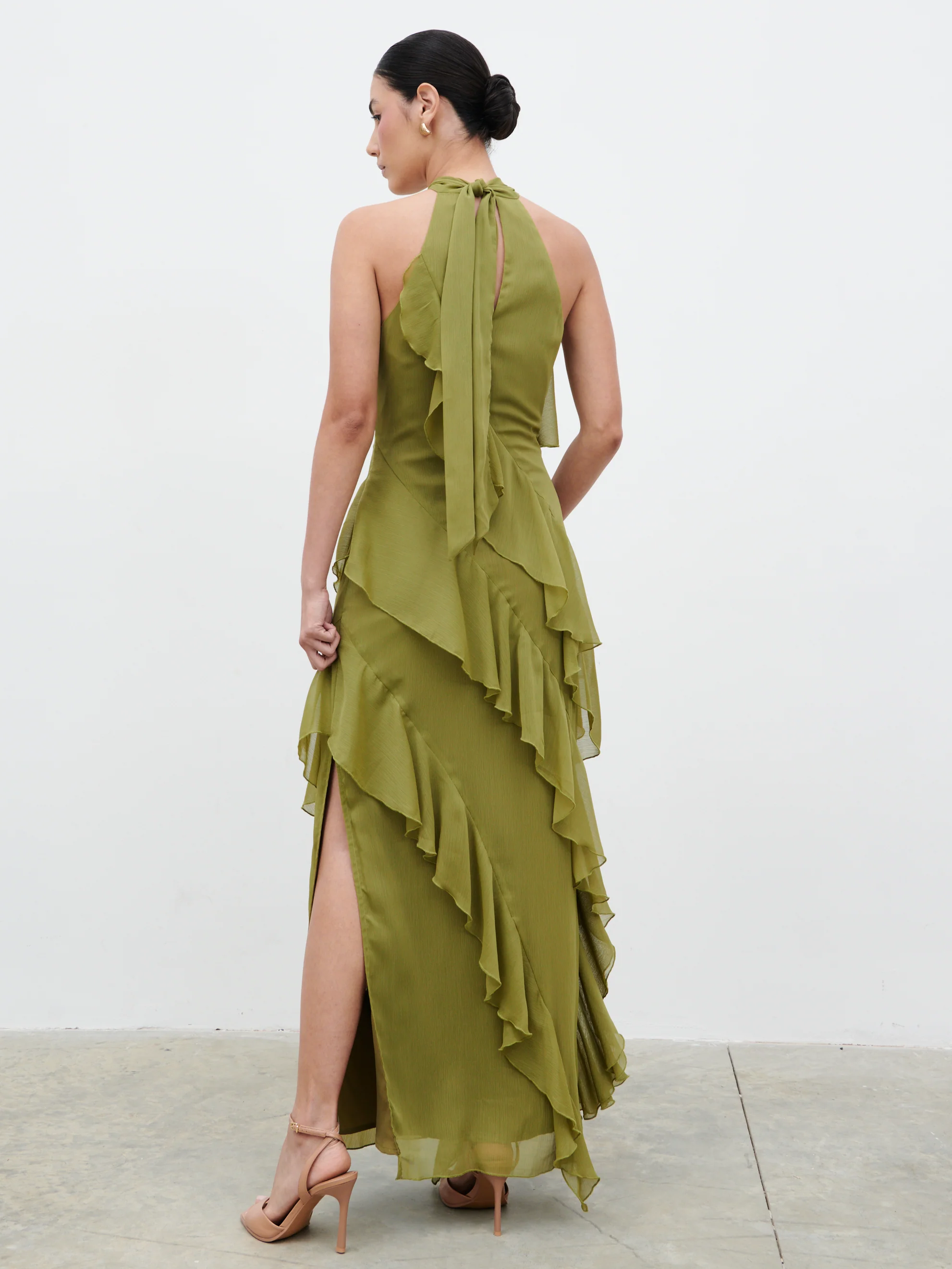 Aria Halterneck Ruffle Maxi Dress - Dark Olive - Image 4