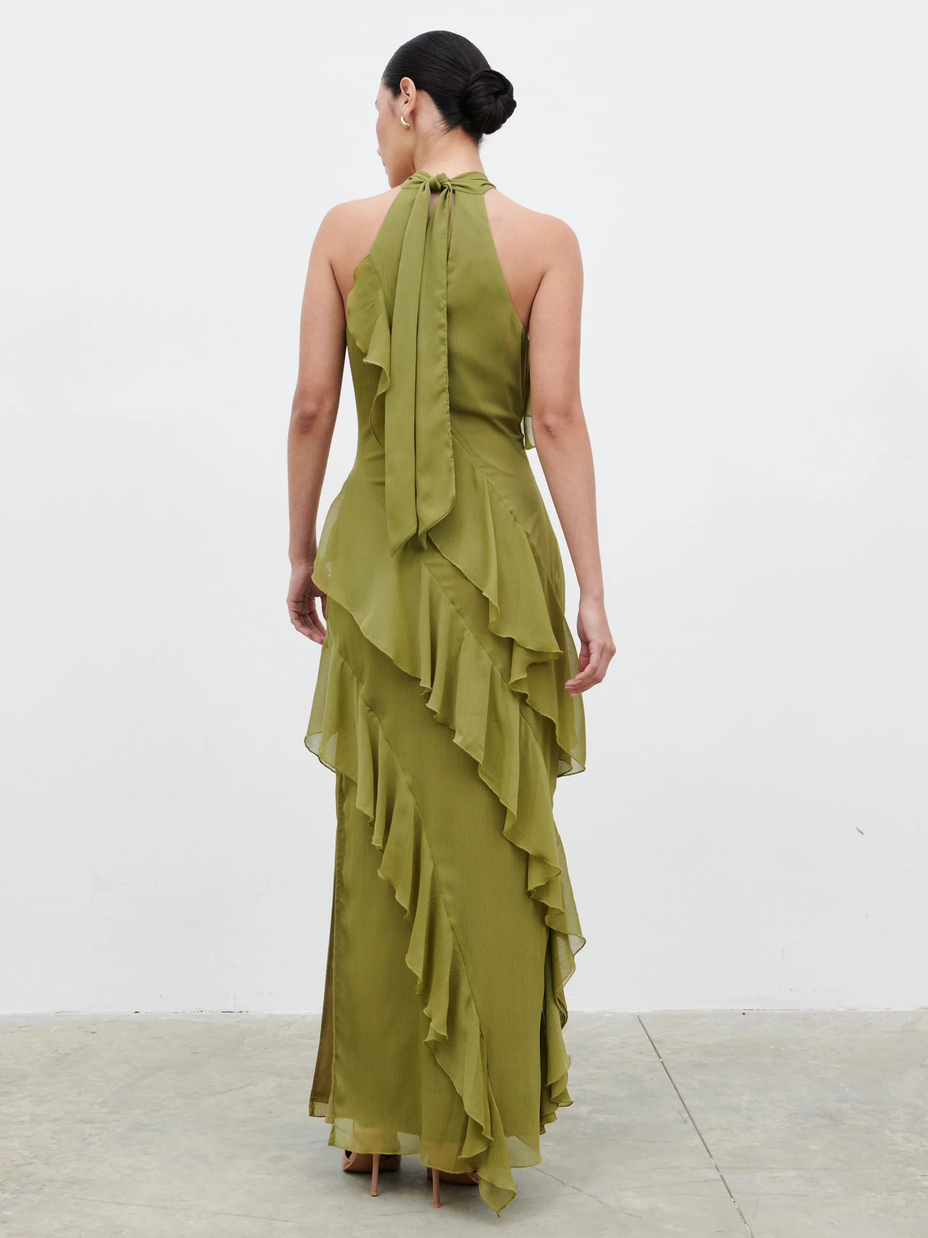 Aria Halterneck Ruffle Maxi Dress - Dark Olive - Image 5