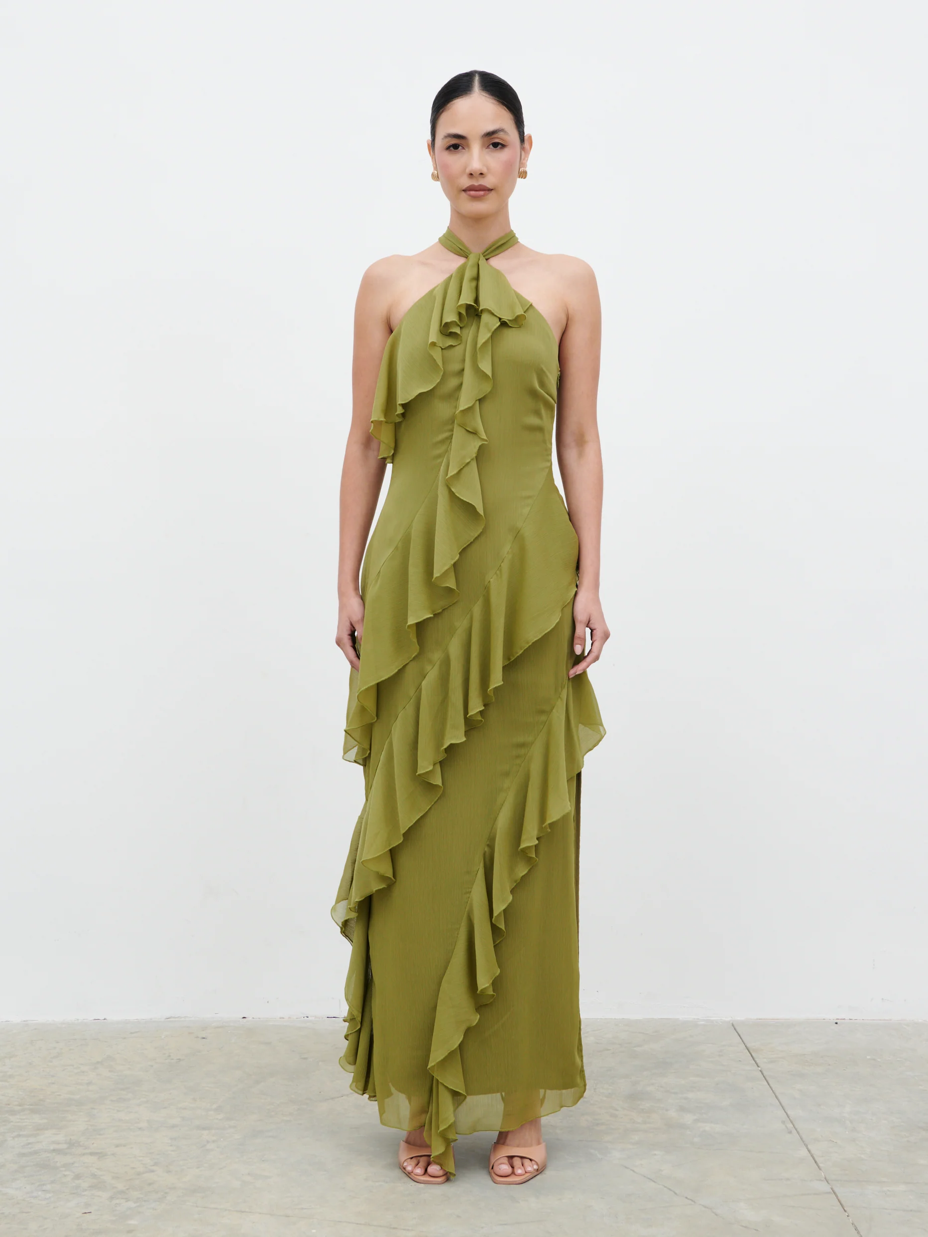 Aria Halterneck Ruffle Maxi Dress - Dark Olive - Image 6
