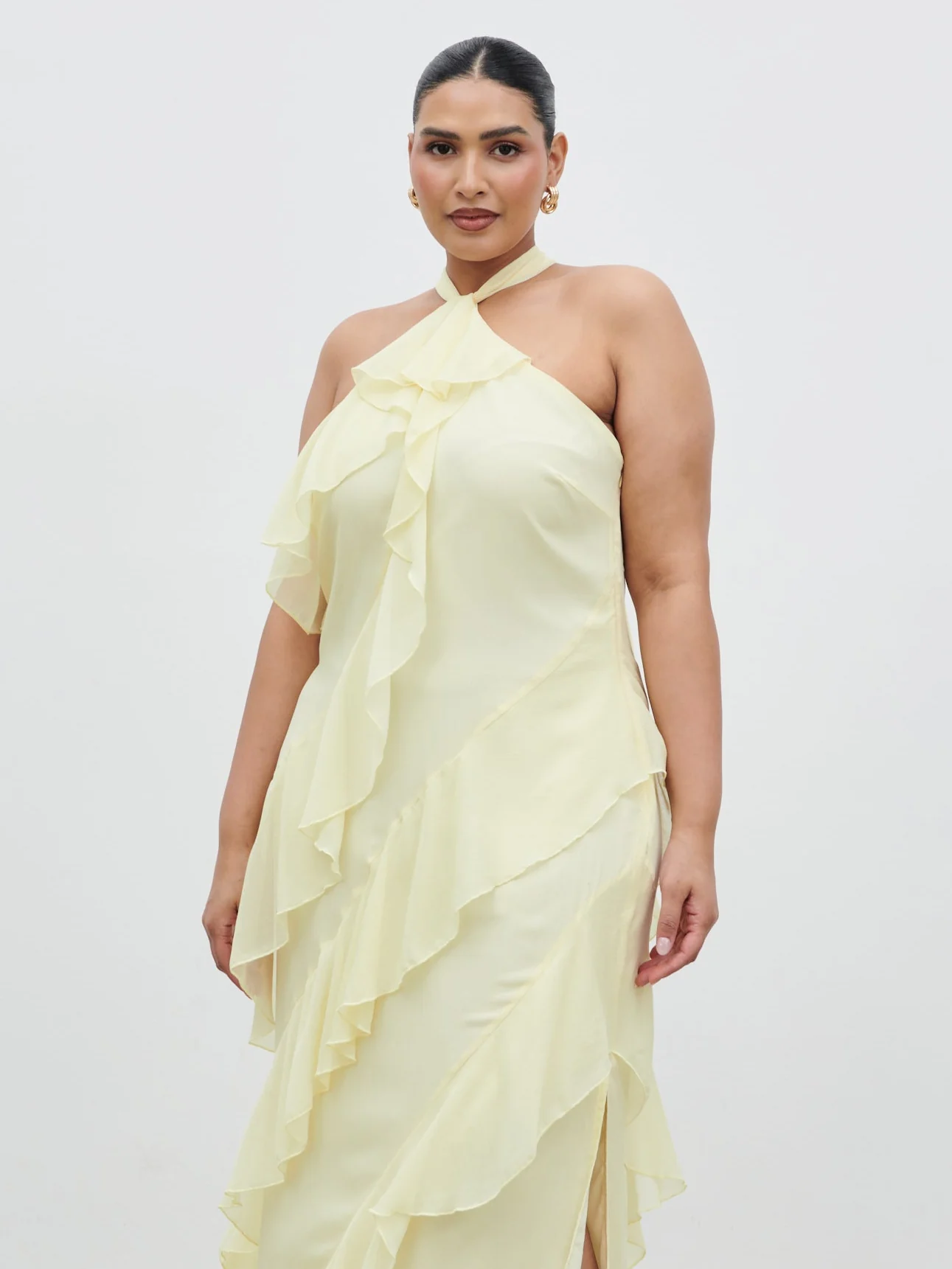 Aria Halterneck Ruffle Midaxi Dress Curve - Lemon - Image 2