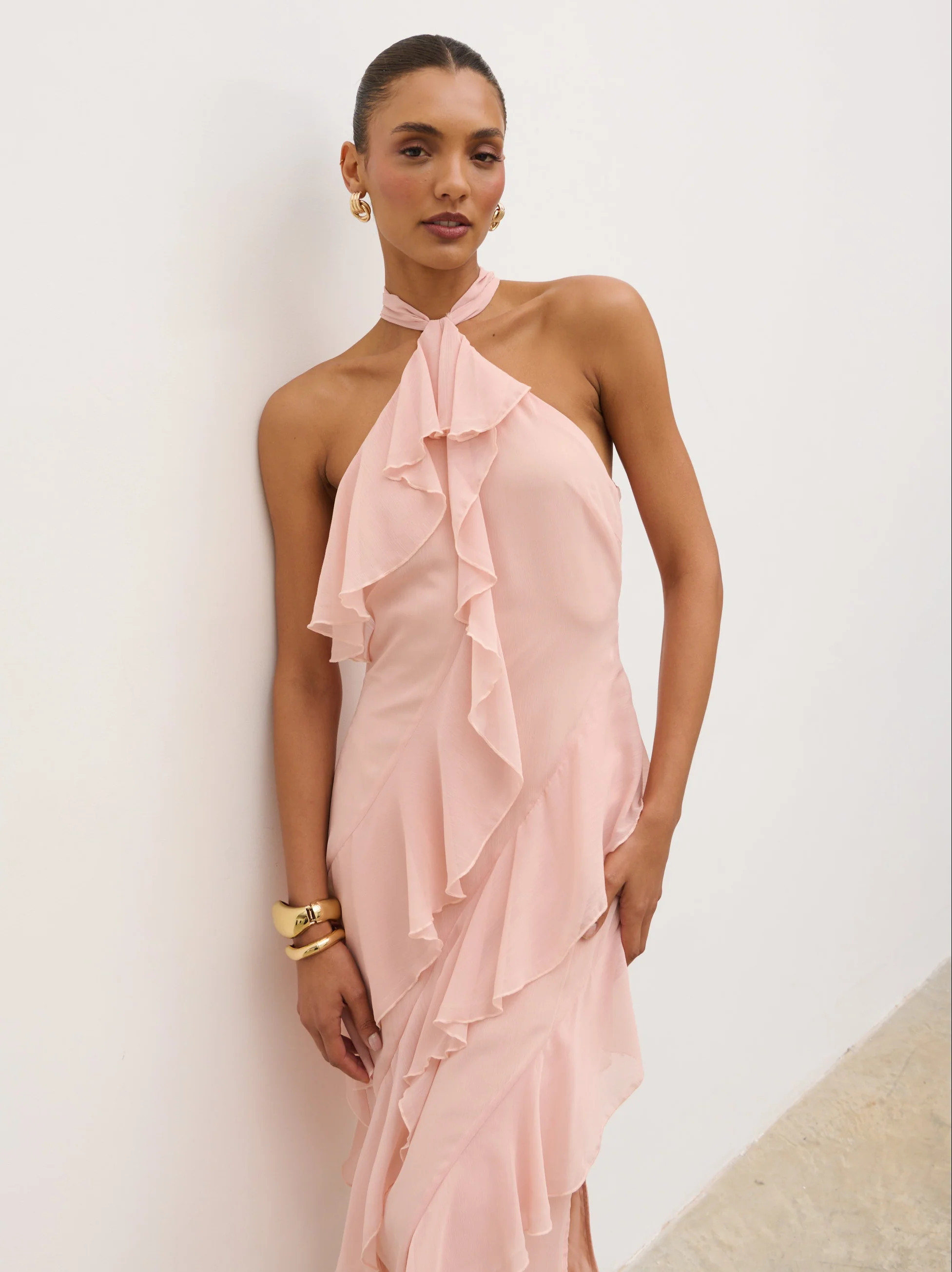 Aria Halterneck Ruffle Midaxi Dress - Dusty Rose - Image 2