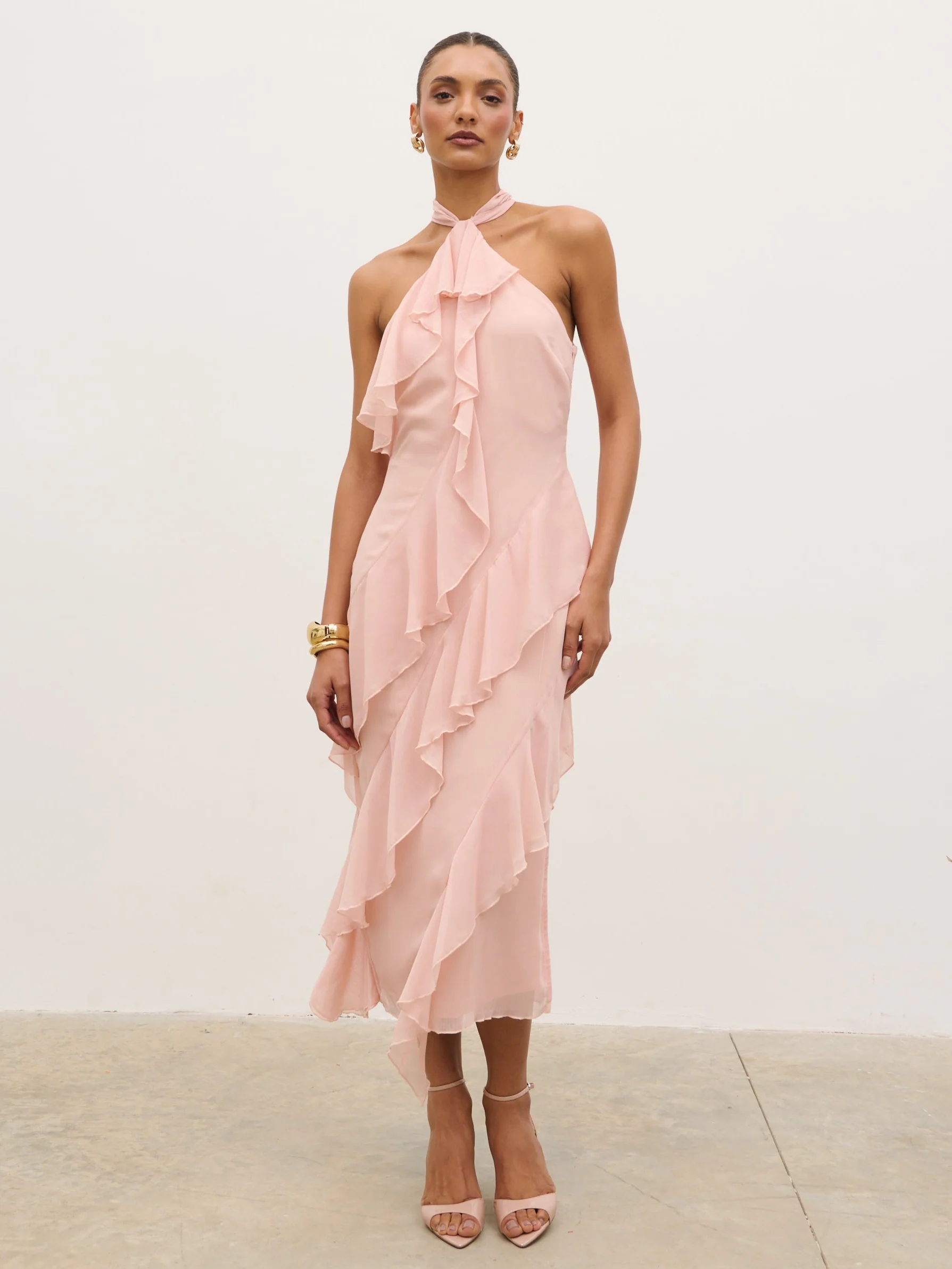 Aria Halterneck Ruffle Midaxi Dress - Dusty Rose - Image 3