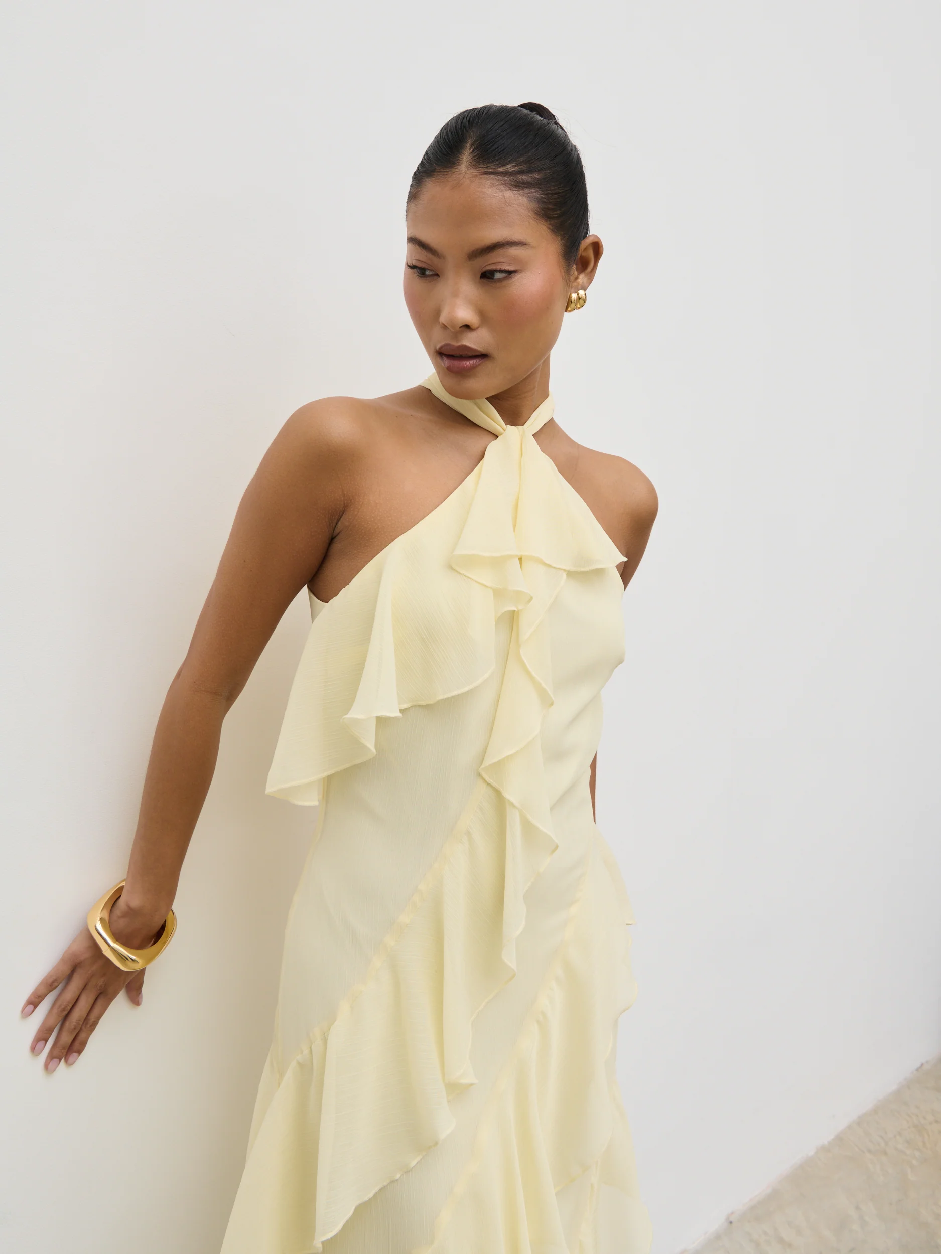 Aria Halterneck Ruffle Midaxi Dress - Lemon - Image 3