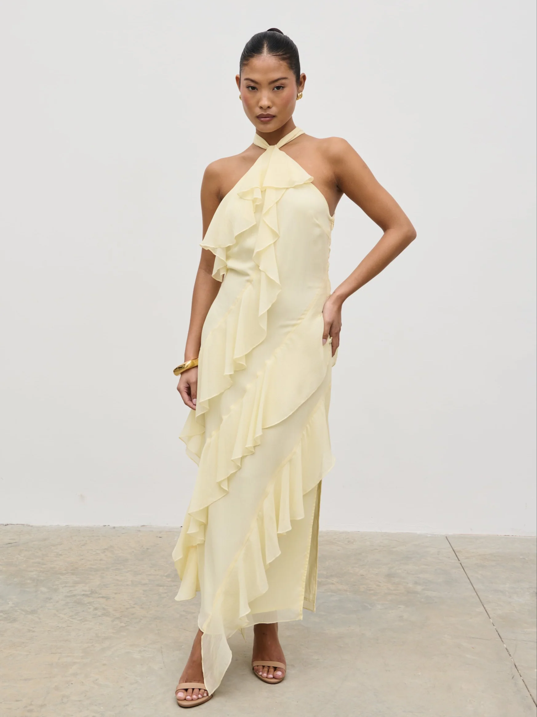 Aria Halterneck Ruffle Midaxi Dress - Lemon - Image 4