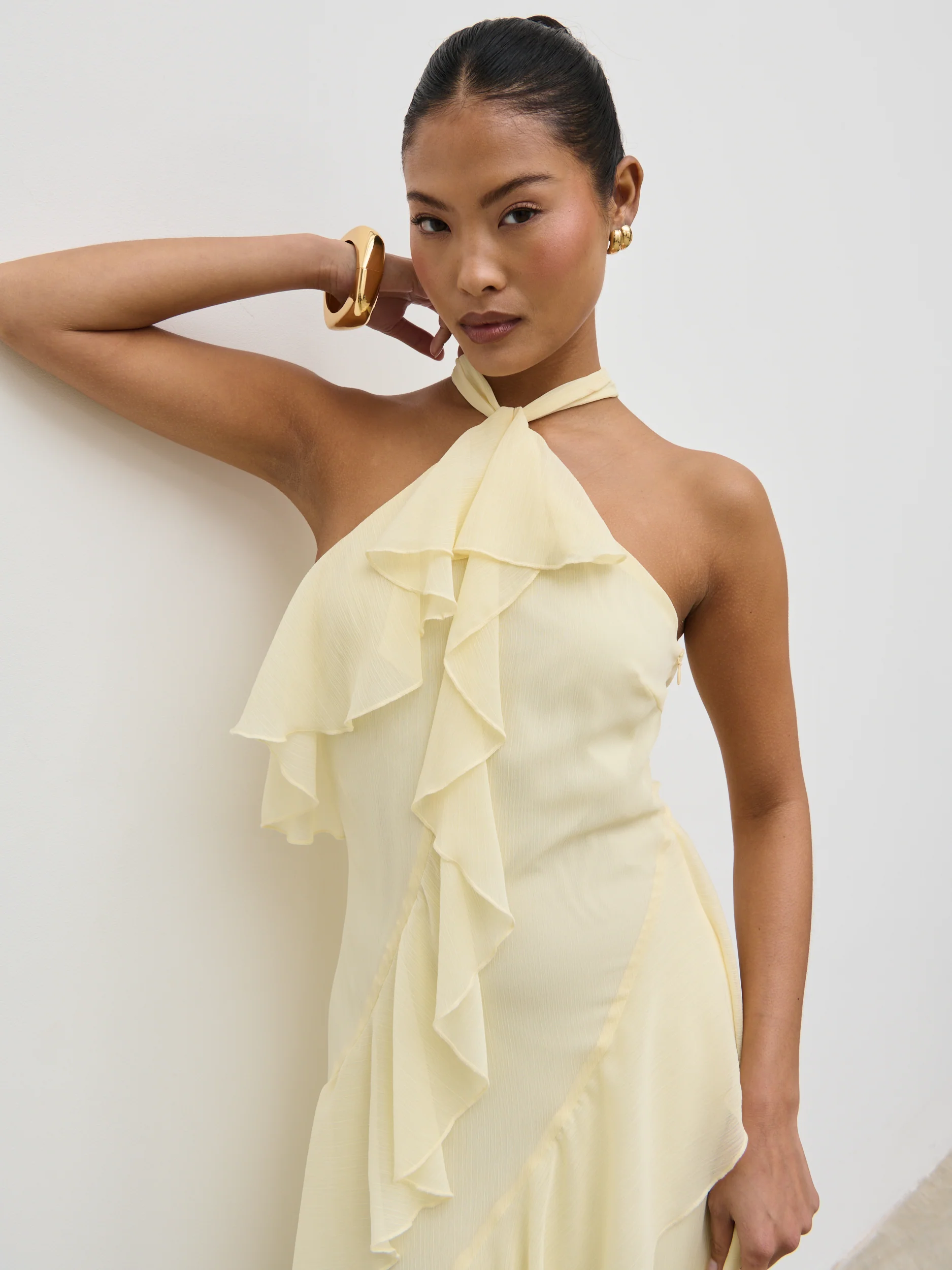 Aria Halterneck Ruffle Midaxi Dress - Lemon - Image 5