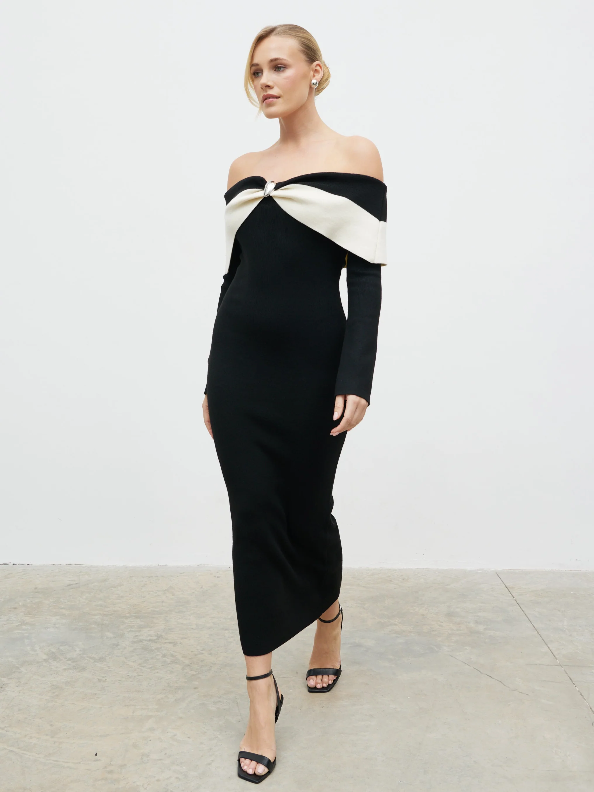 Aroma Bardot Trim Knit Midaxi Dress - Black and Cream - Image 4