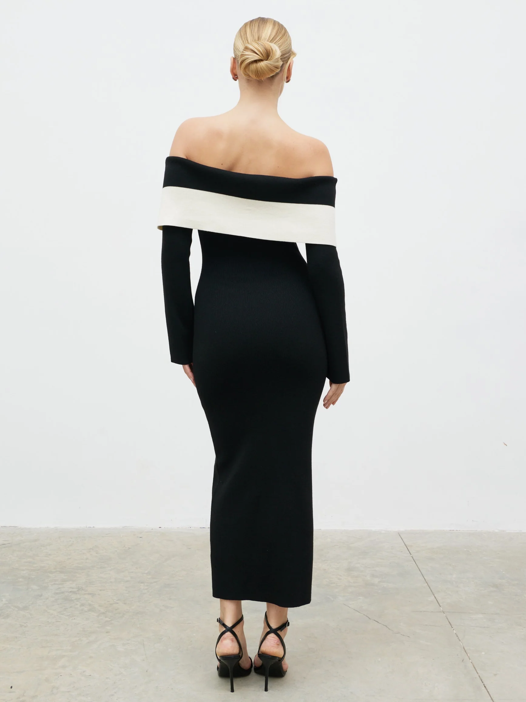 Aroma Bardot Trim Knit Midaxi Dress - Black and Cream - Image 5
