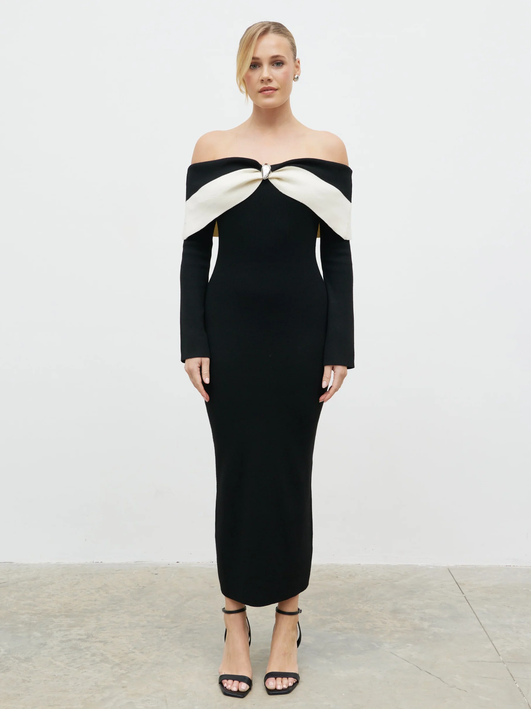 Aroma Bardot Trim Knit Midaxi Dress - Black and Cream - Image 6