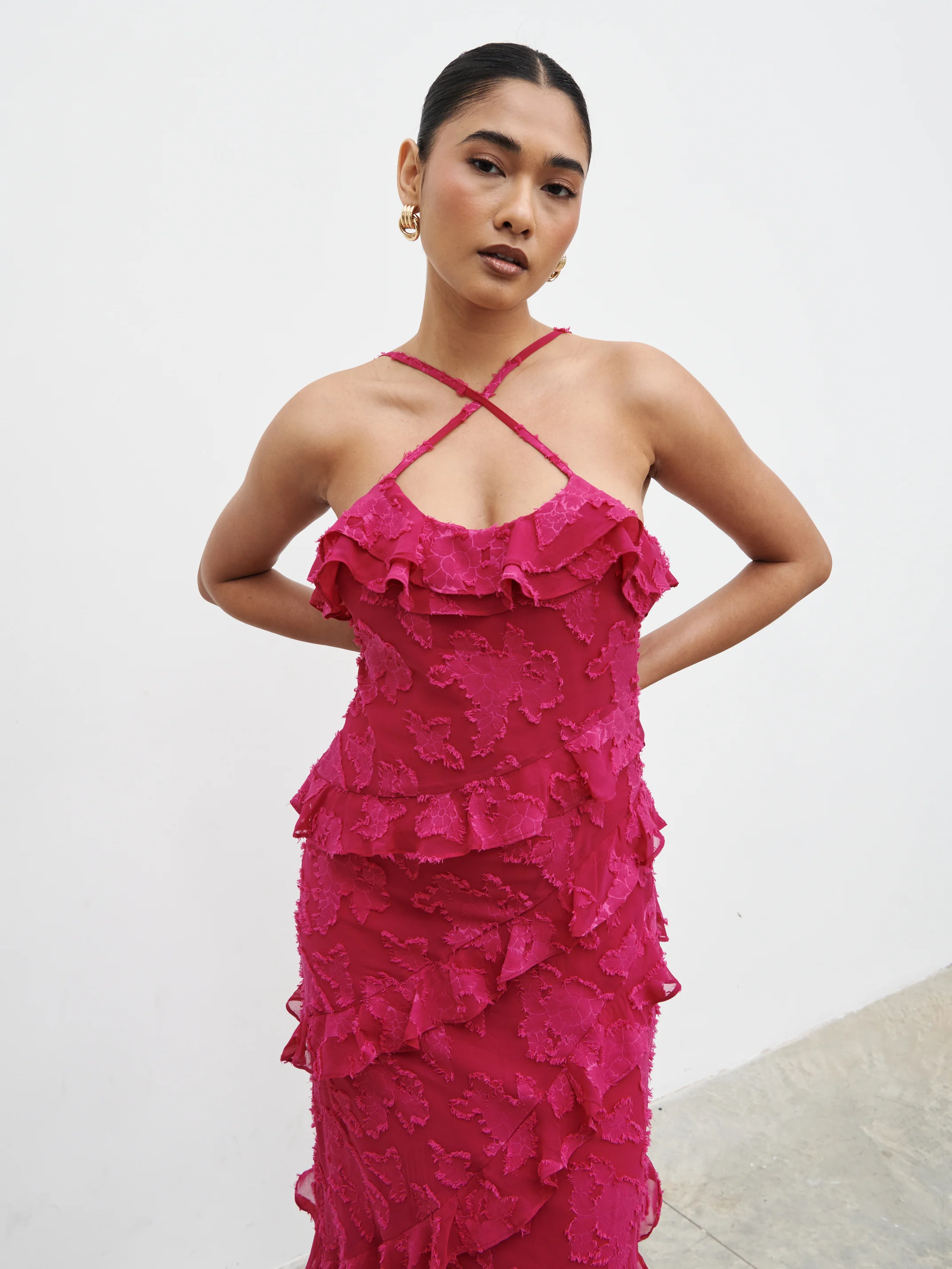 Aryana Jacquard Ruffle Midaxi Dress - Berry - Image 3