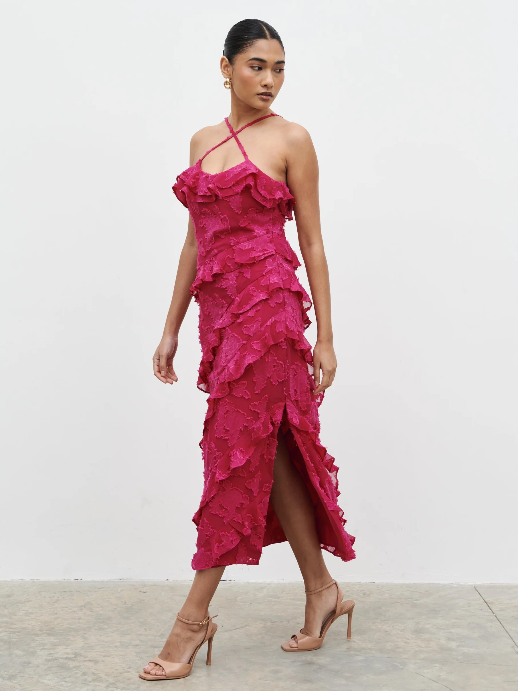 Aryana Jacquard Ruffle Midaxi Dress - Berry - Image 4