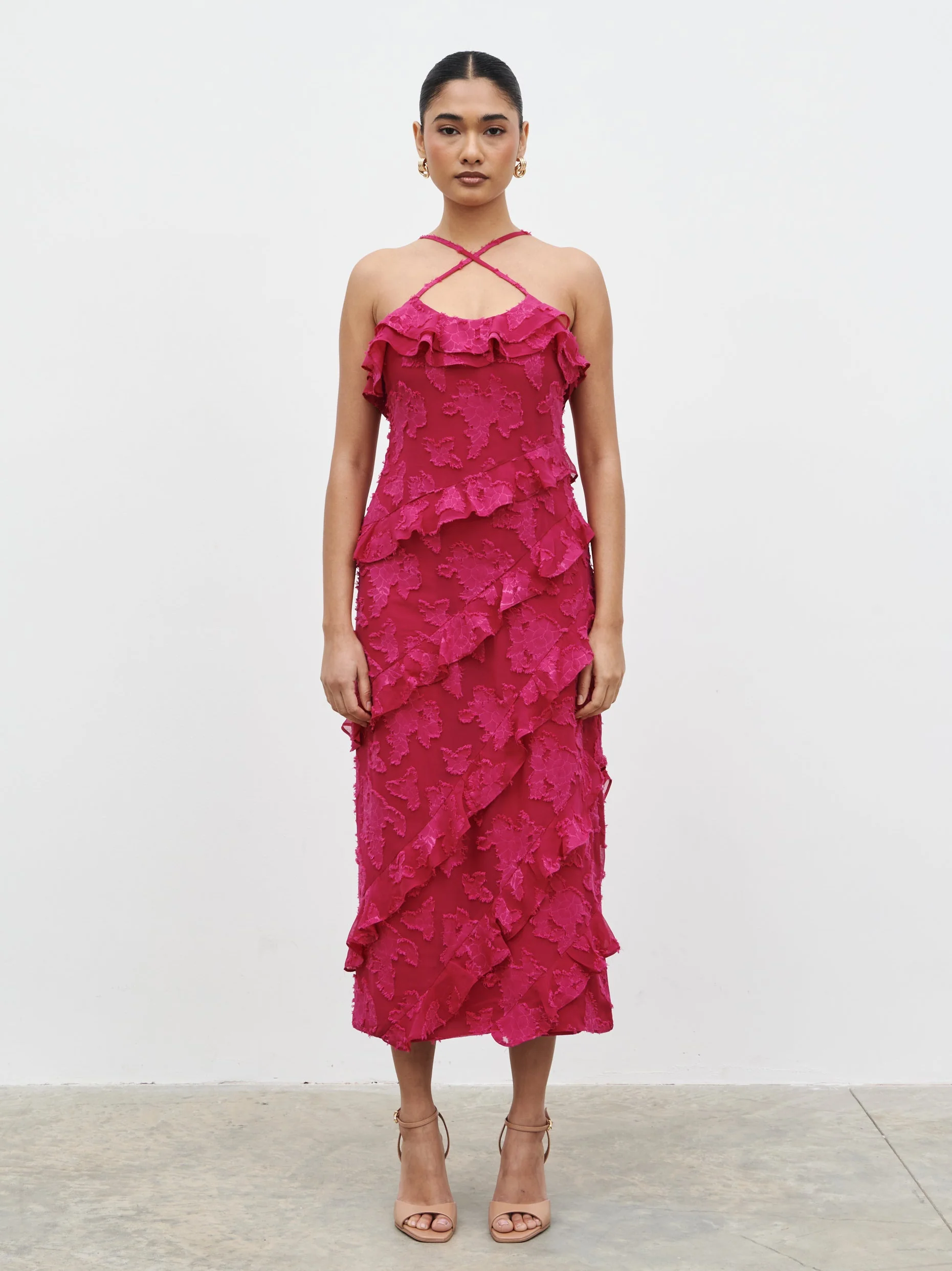 Aryana Jacquard Ruffle Midaxi Dress - Berry - Image 8