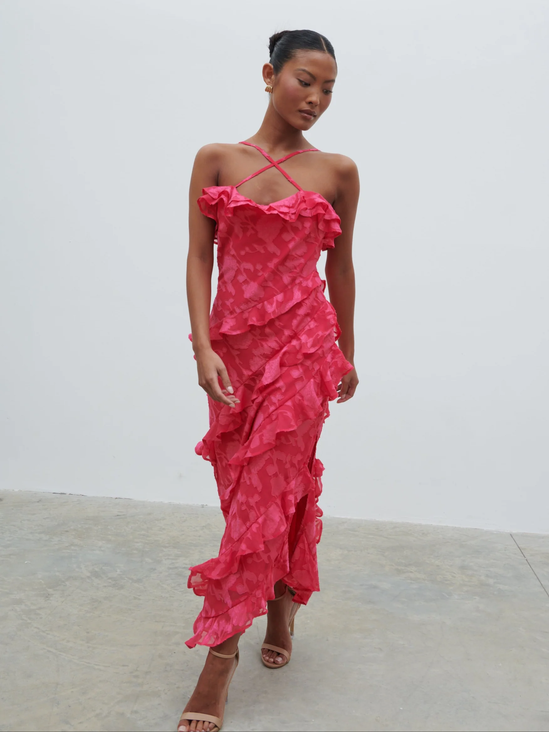 Aryana Jacquard Ruffle Midaxi Dress - Fuchsia - Image 3