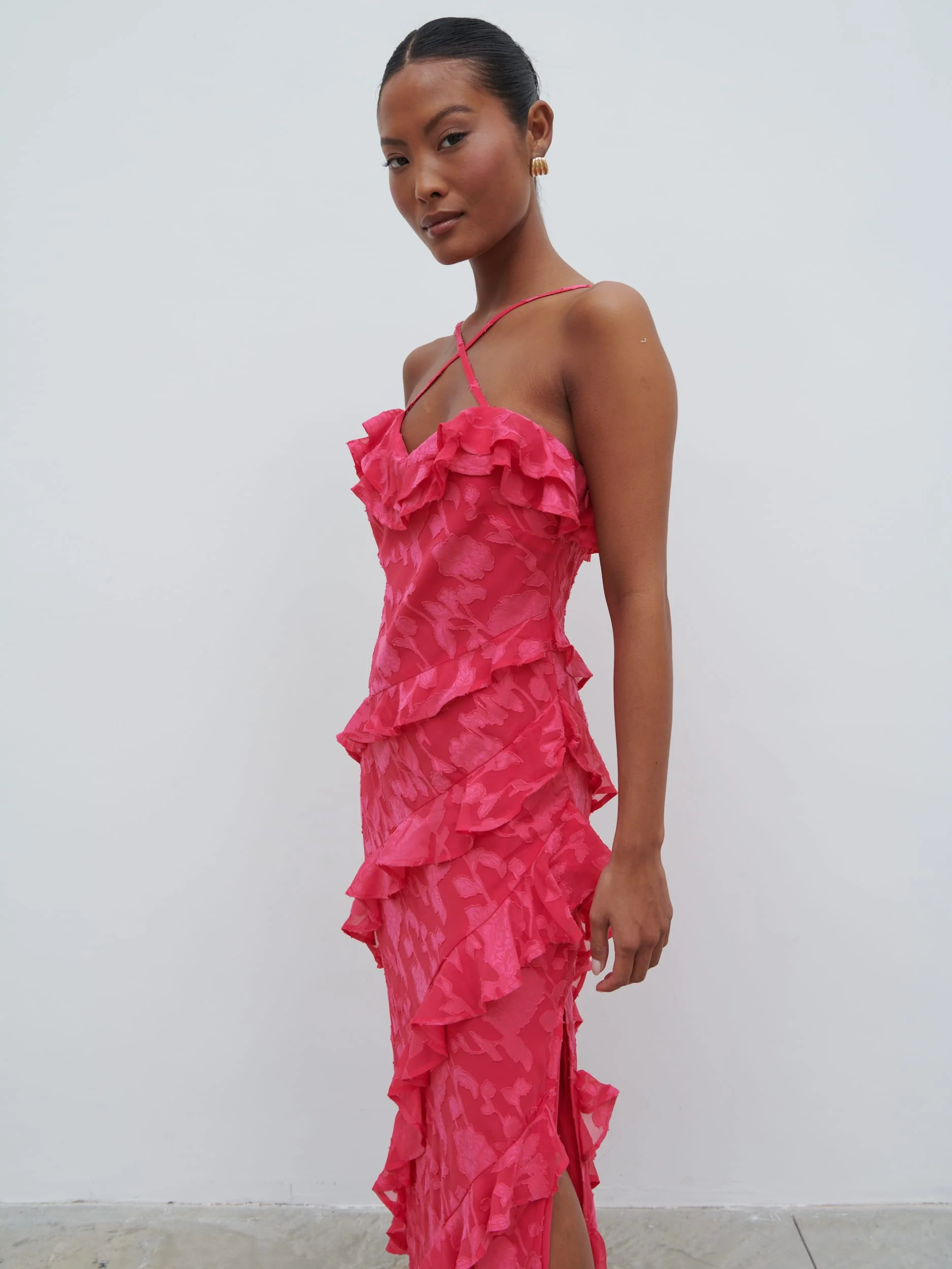 Aryana Jacquard Ruffle Midaxi Dress - Fuchsia - Image 4