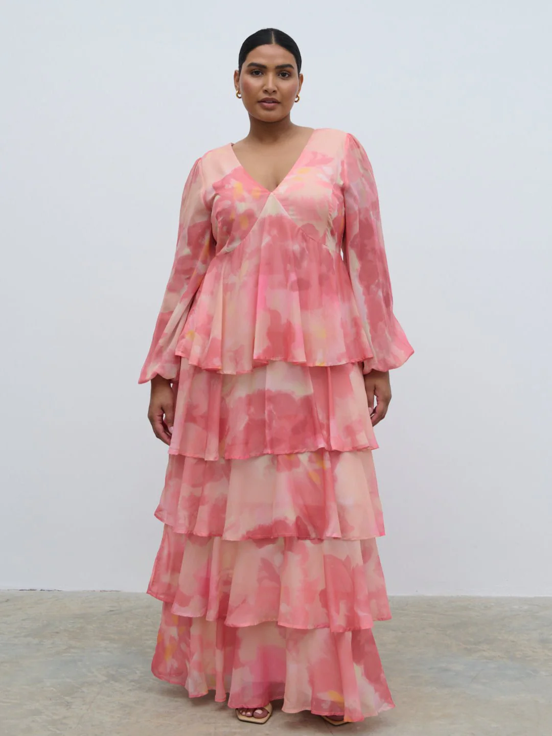 Ashton Ruffle Maxi Dress Curve - Dusky Rose Watercolour - Image 3