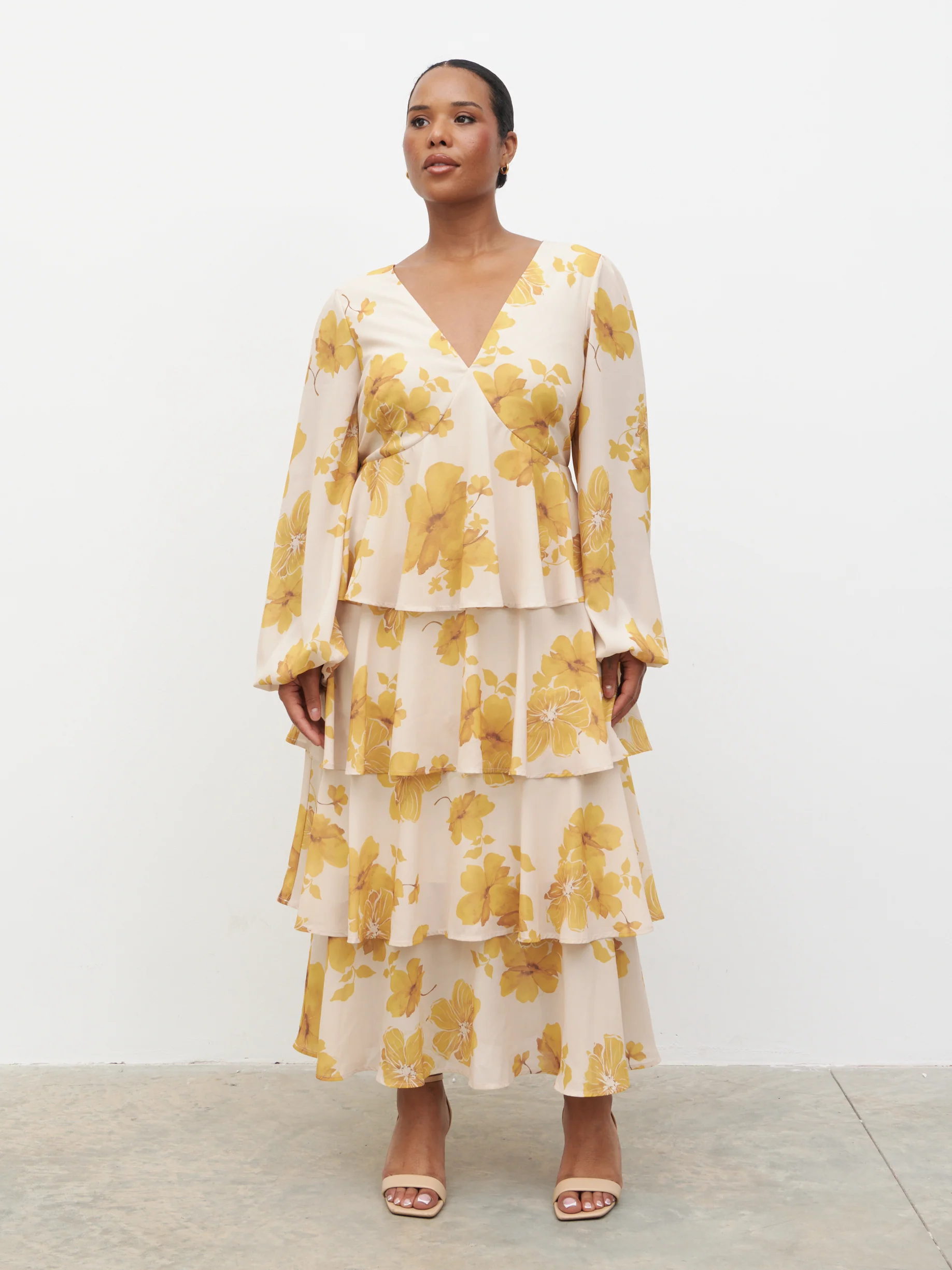 Ashton Ruffle Midaxi Dress Curve - Yellow Ochre Floral - Image 3