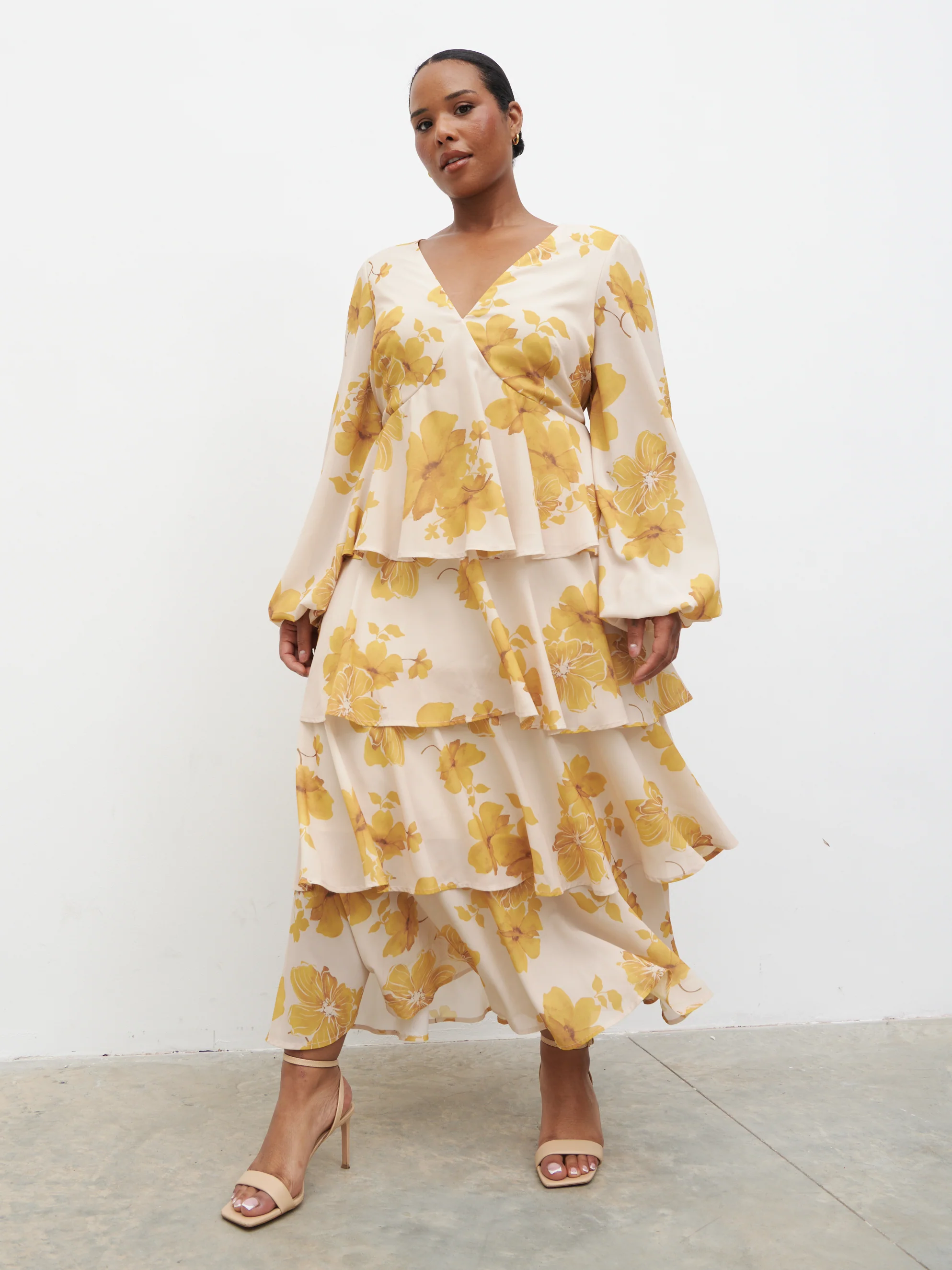 Ashton Ruffle Midaxi Dress Curve - Yellow Ochre Floral - Image 4