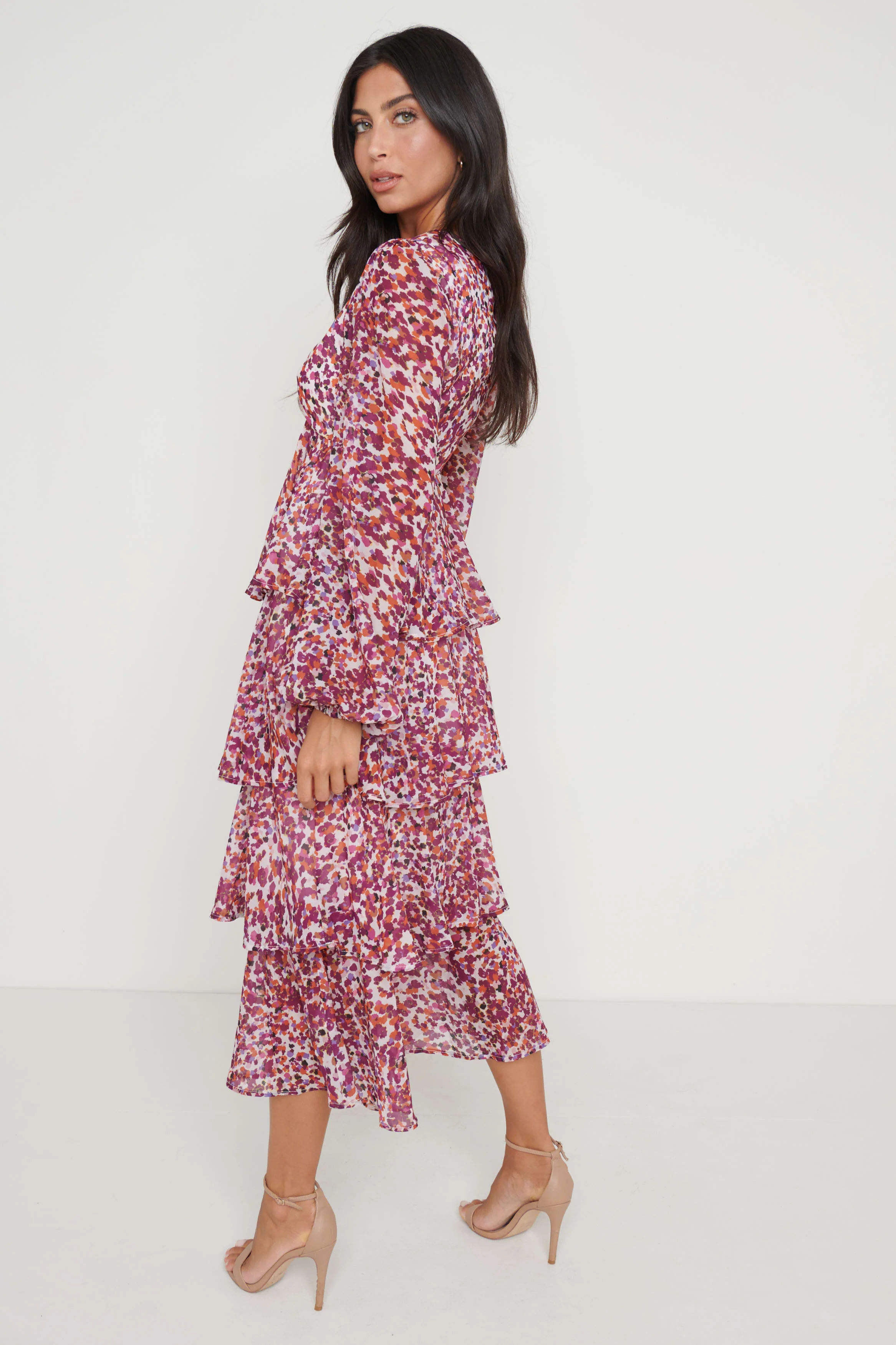 Ashton Ruffle Midi Dress  - Coral Abstract - Image 3