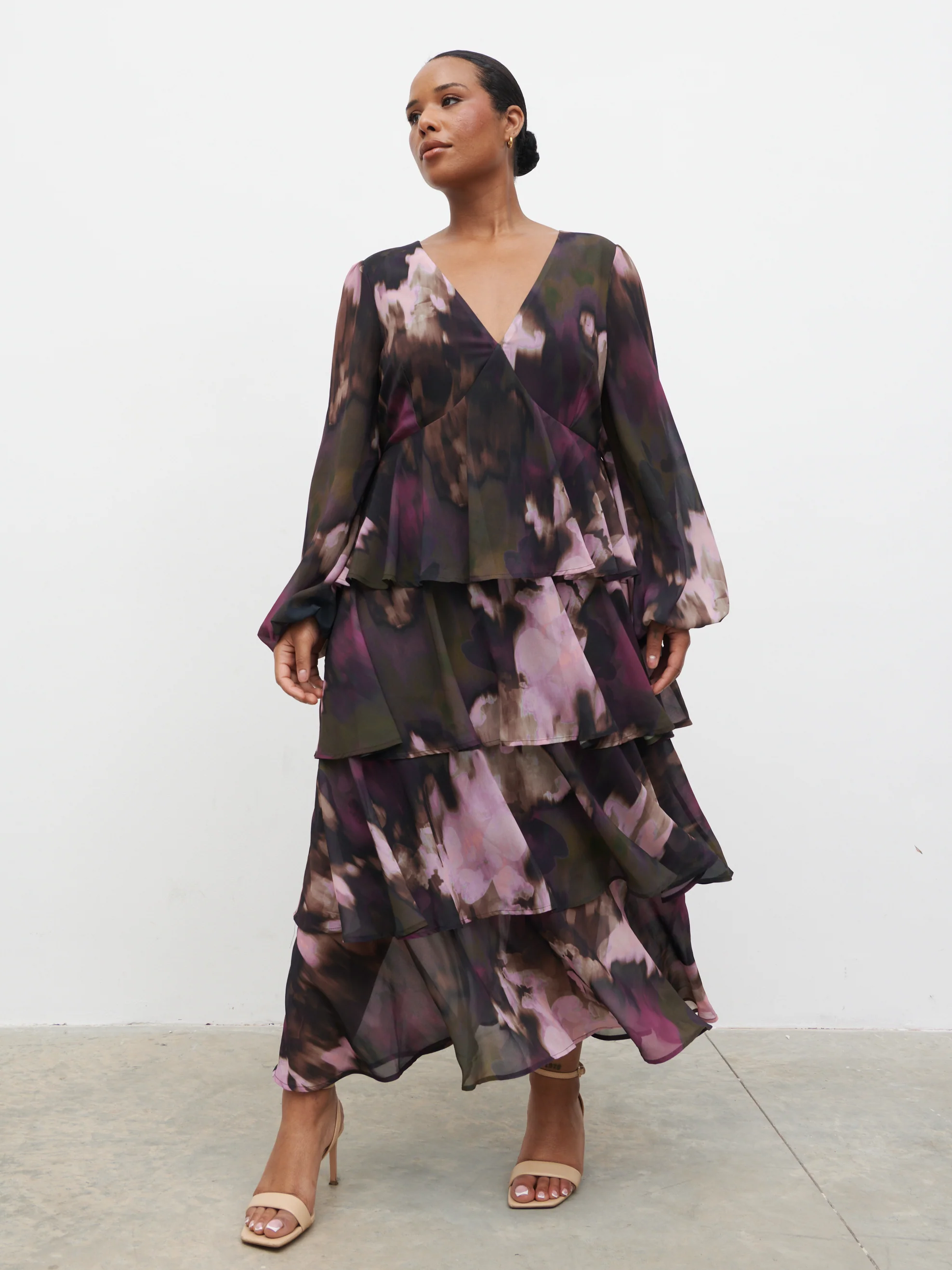 Ashton Ruffle Midi Dress Curve - Purple and Khaki Ombre - Image 3