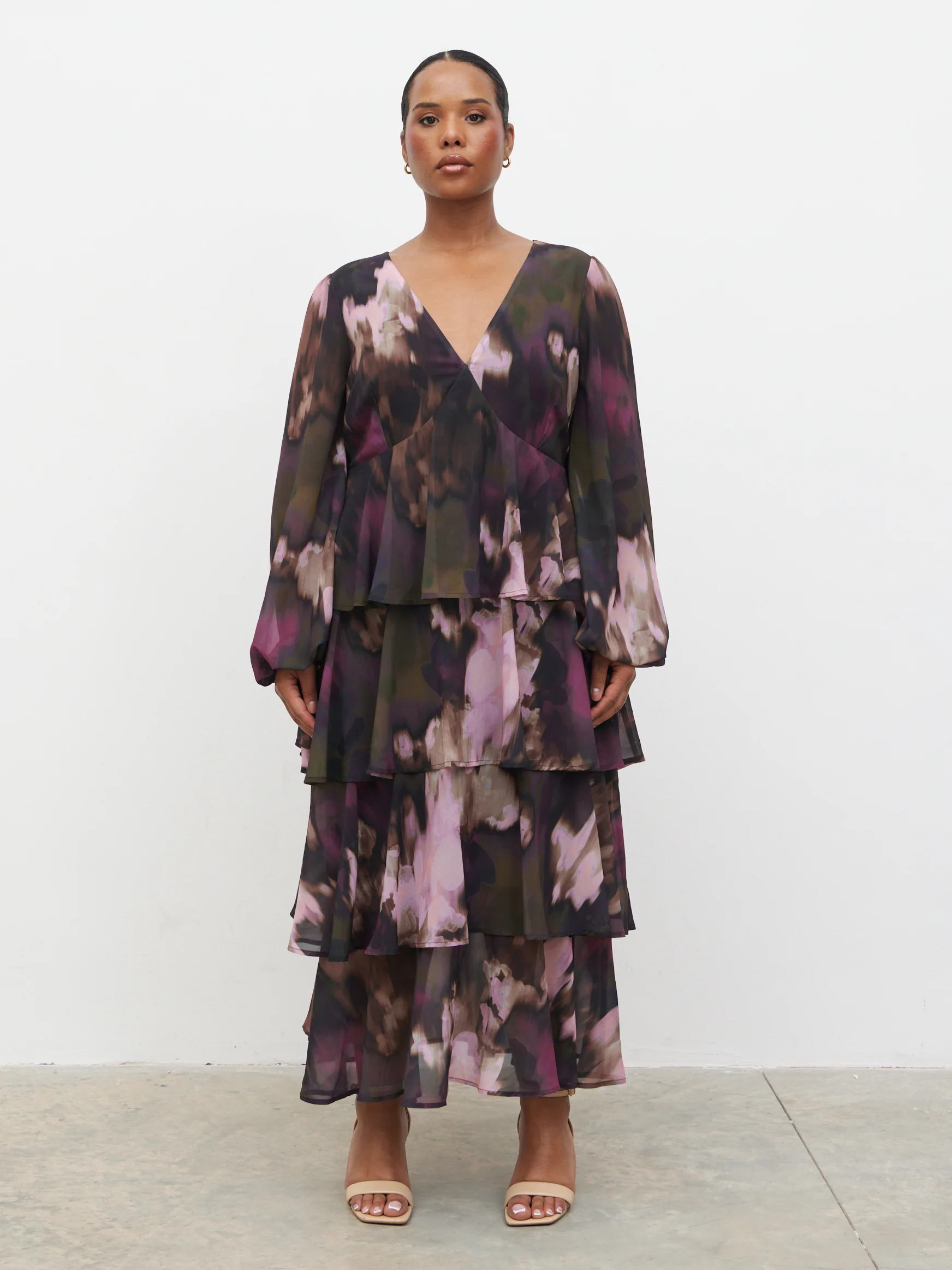 Ashton Ruffle Midi Dress Curve - Purple and Khaki Ombre - Image 6