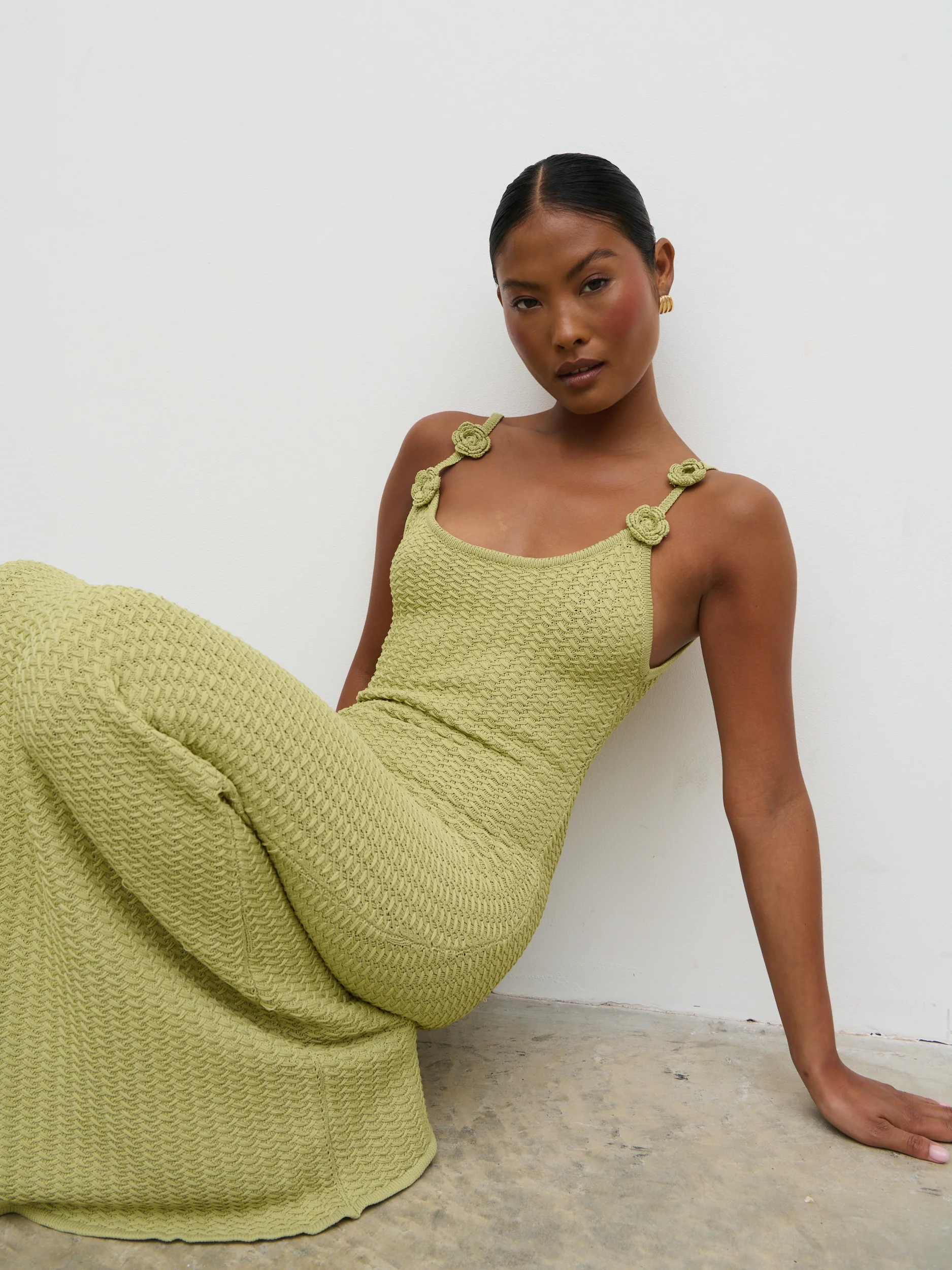 Astrid Rosette Sleeve Knit Maxi Dress - Green - Image 2
