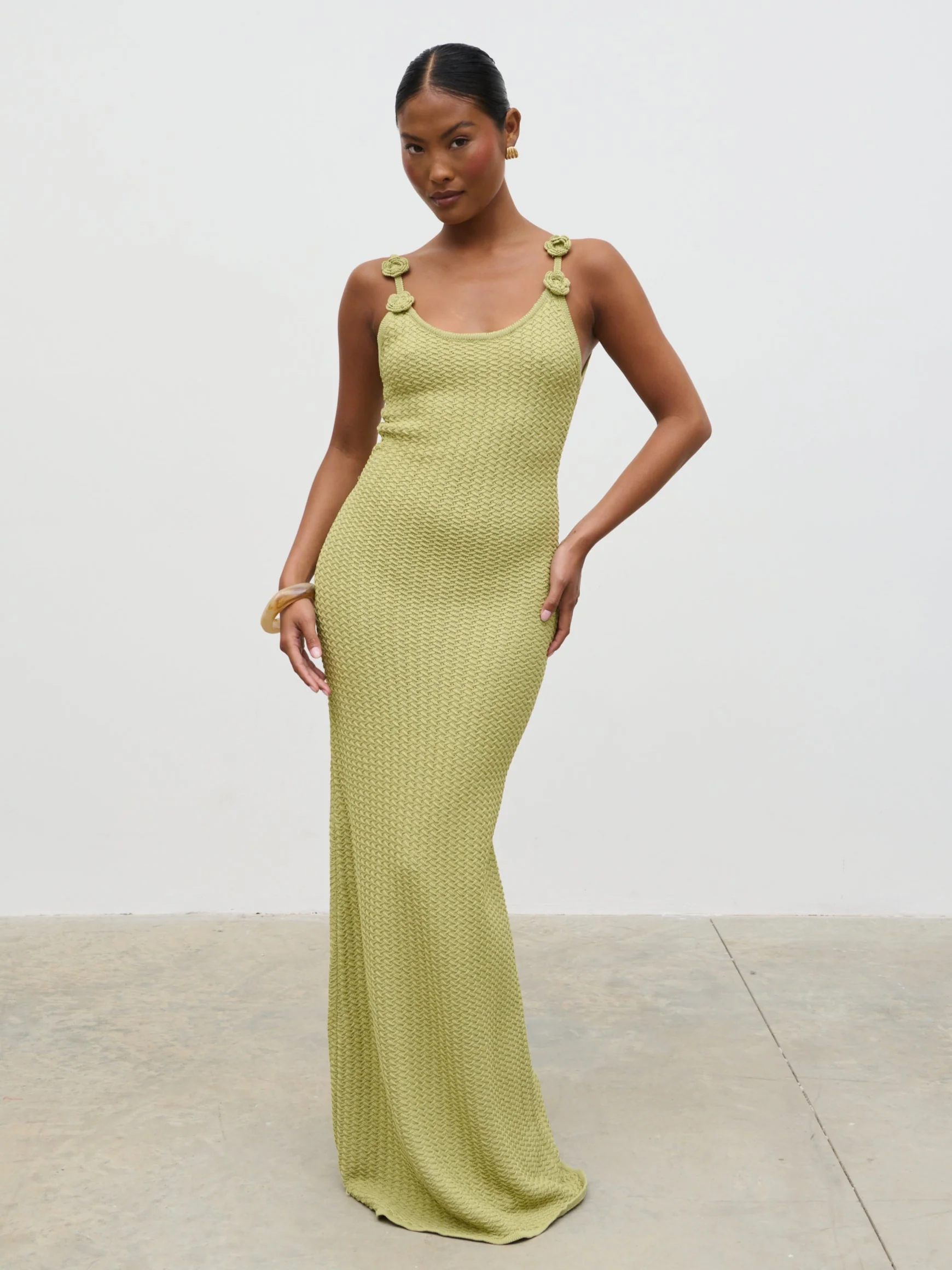 Astrid Rosette Sleeve Knit Maxi Dress - Green - Image 3