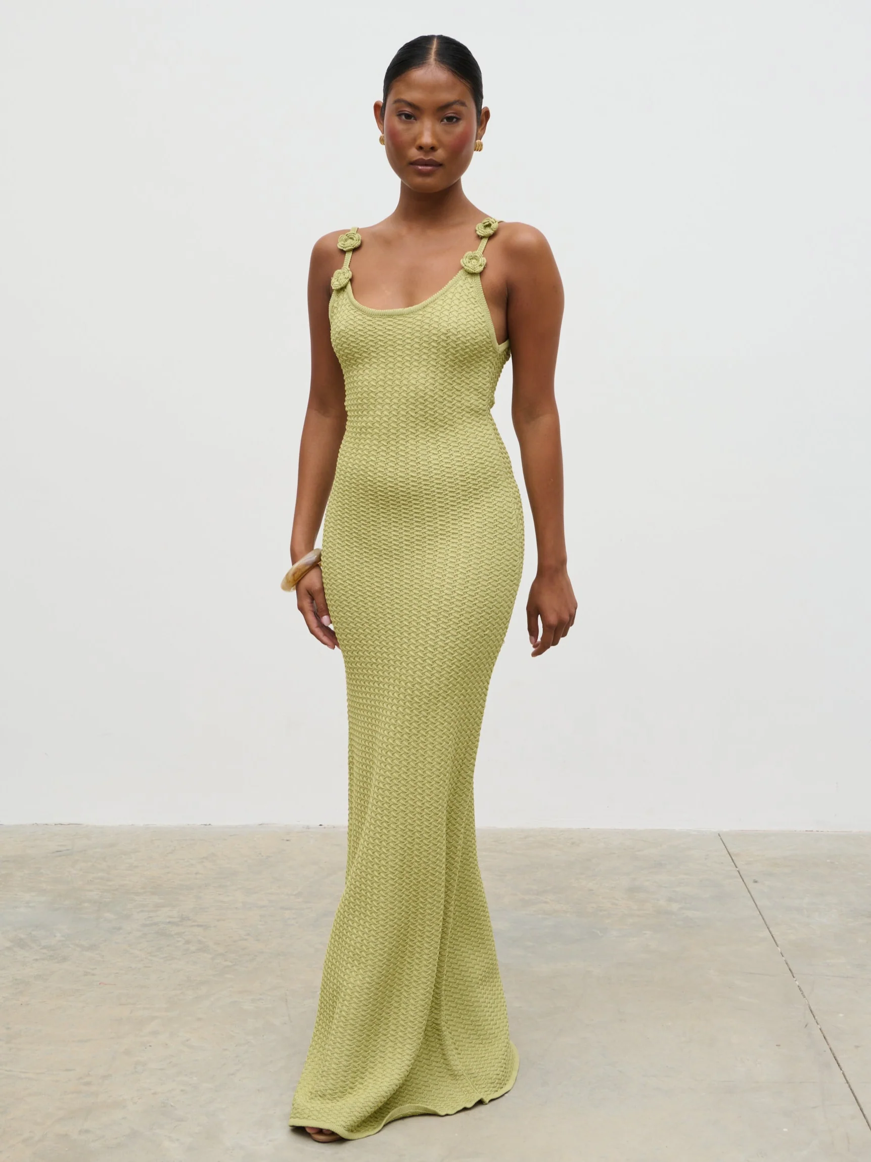 Astrid Rosette Sleeve Knit Maxi Dress - Green - Image 5