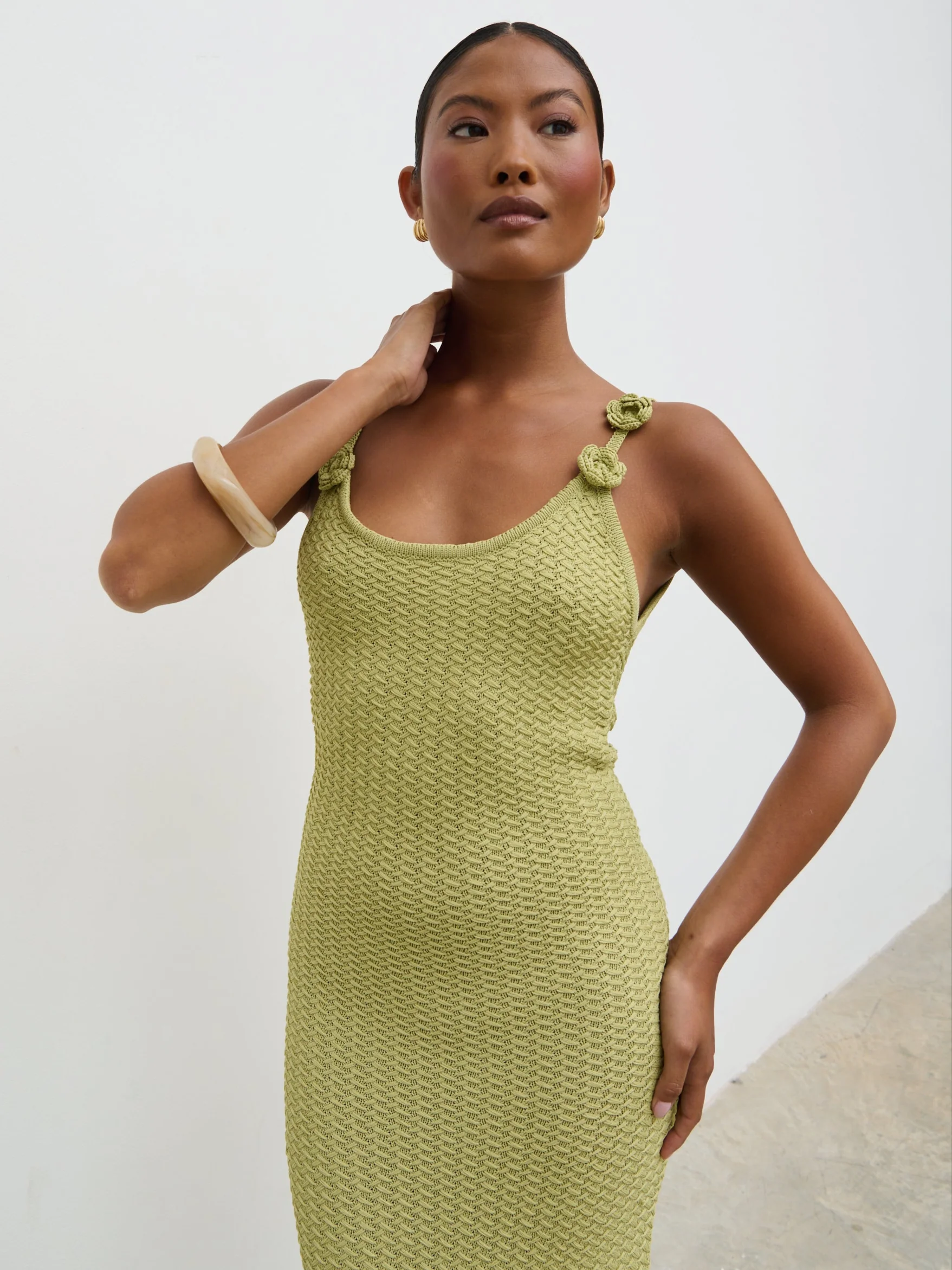 Astrid Rosette Sleeve Knit Maxi Dress - Green - Image 6