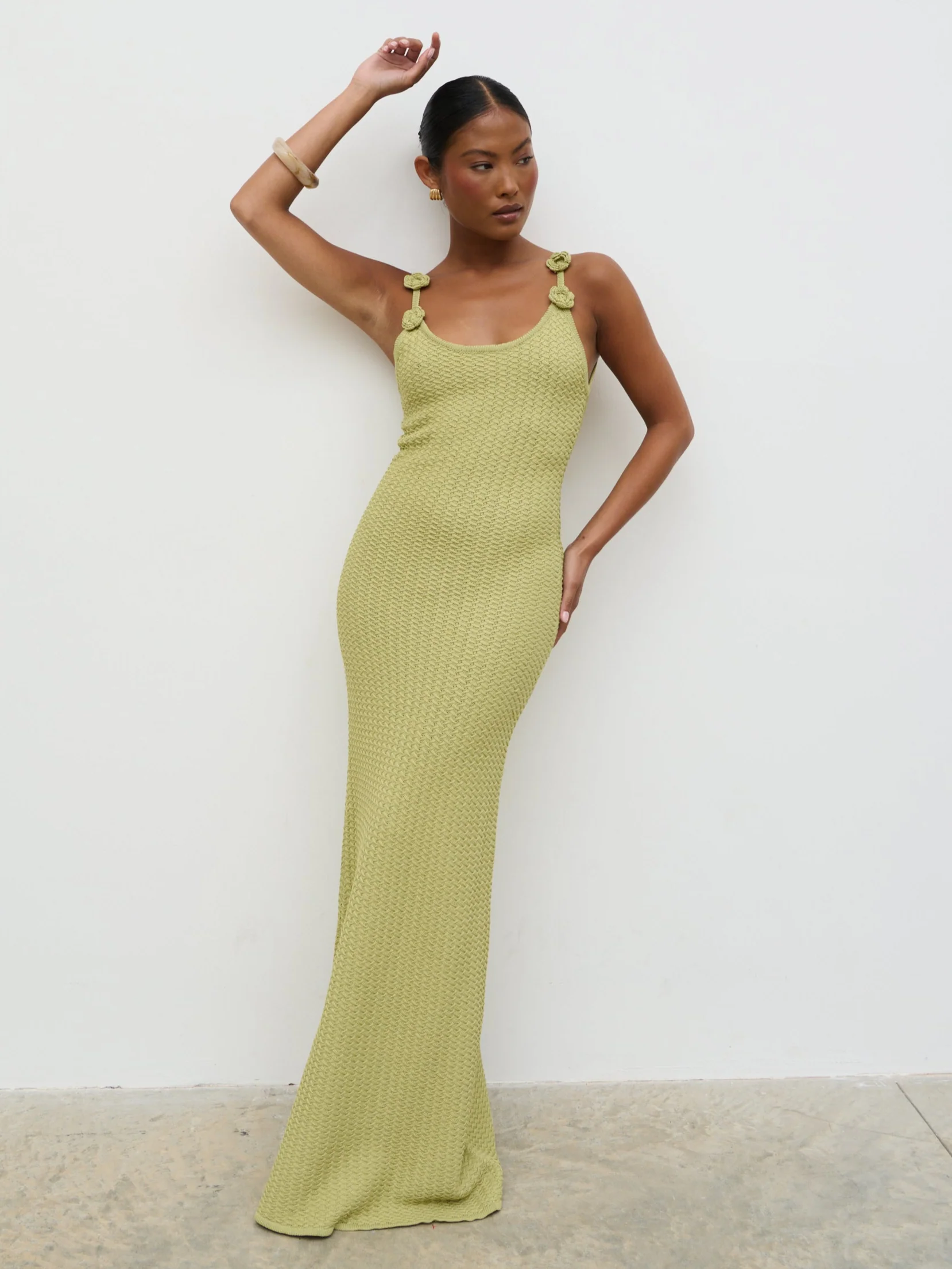 Astrid Rosette Sleeve Knit Maxi Dress - Green - Image 7