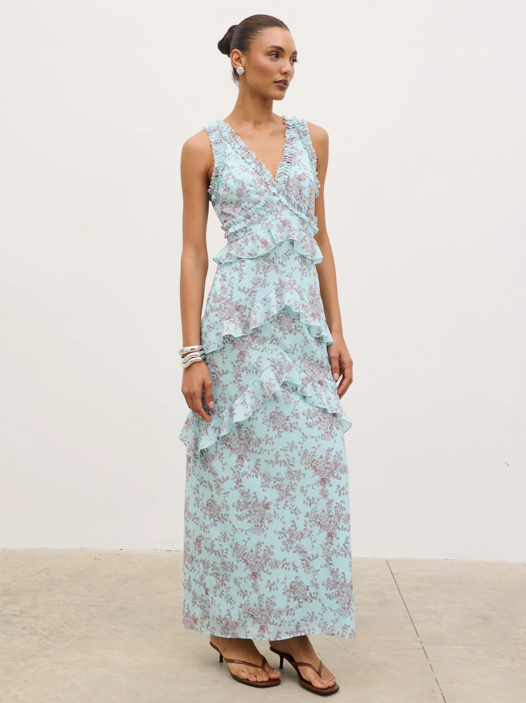 Aurelia Ruffle Maxi Dress - Seaspray and Brown Floral - Image 2