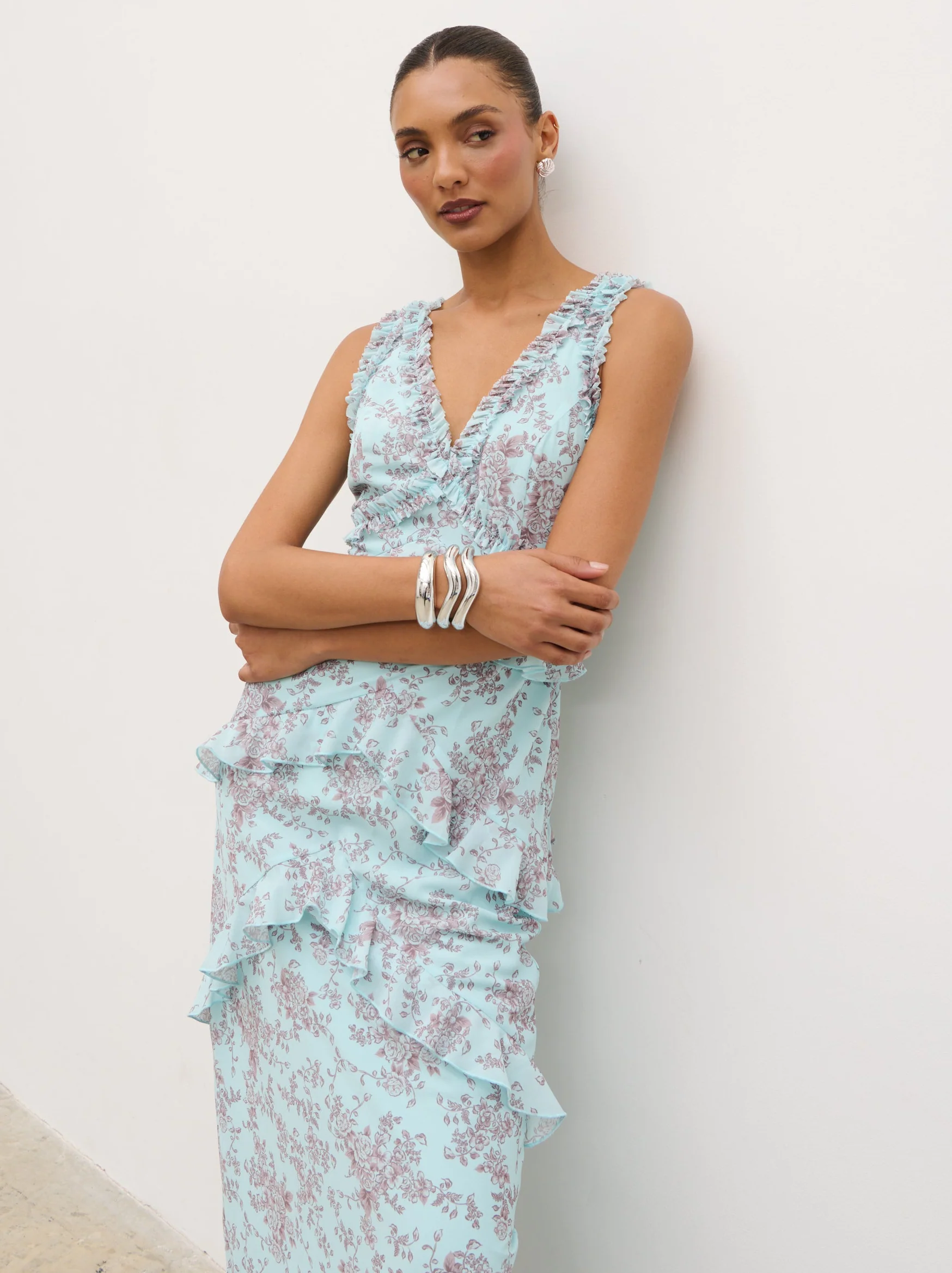 Aurelia Ruffle Maxi Dress - Seaspray and Brown Floral - Image 3